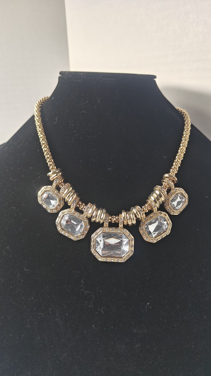 Sofia by Sofia Vergara Statement Necklace Gold Tone Rhinestones Clear Gems 22″