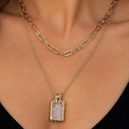 Layered Necklace Polished Gold Paperclip Cable Chain Crystal Rectangular Druzy