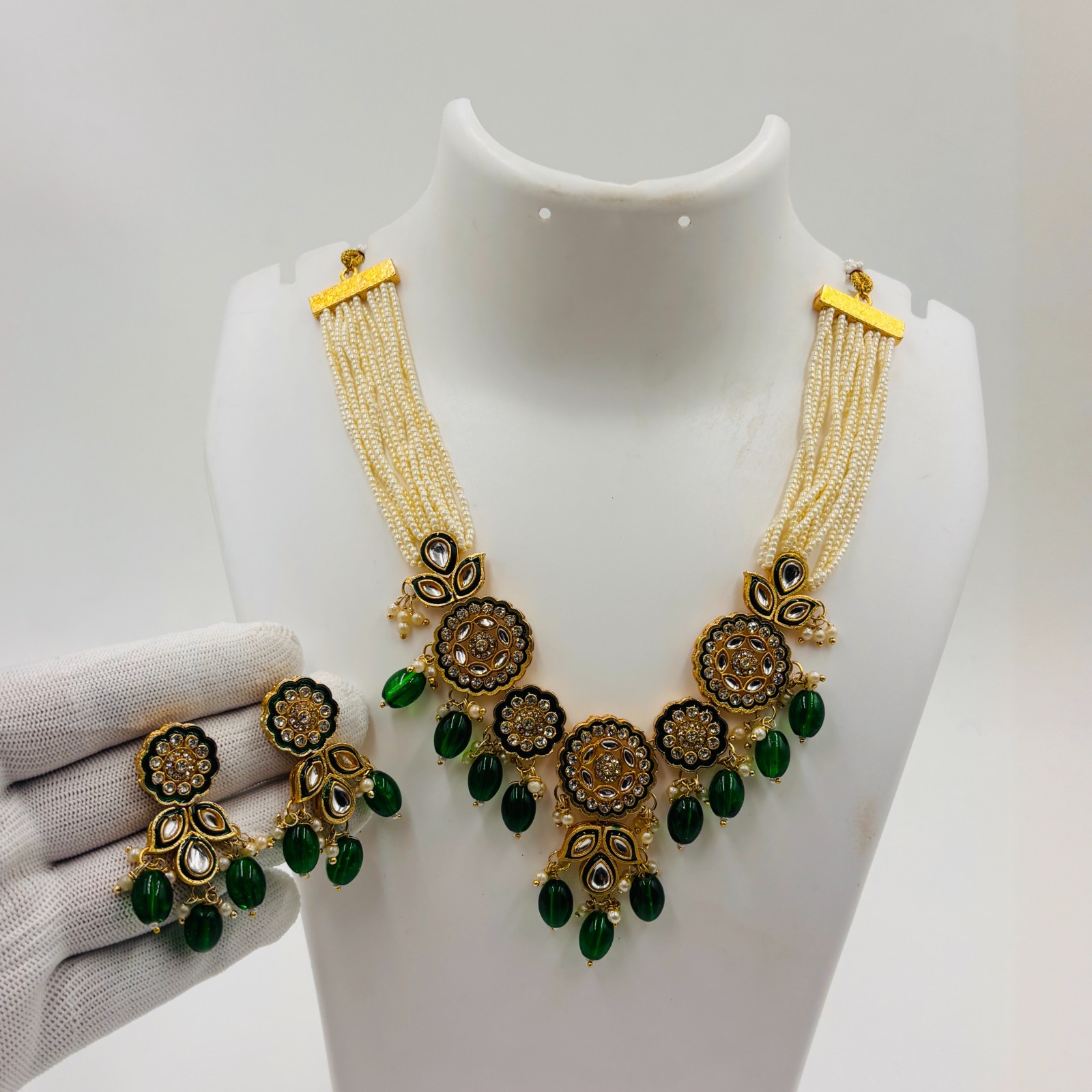 Gold Plated Pearl Statement Necklace Set Indian Bridal Jewelry for Women