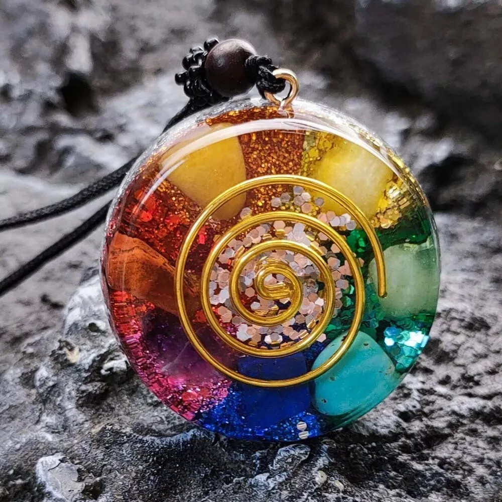 7 Chakra Organite Pendant Rainbow Healing Reiki Necklace Unisex Couple Gift