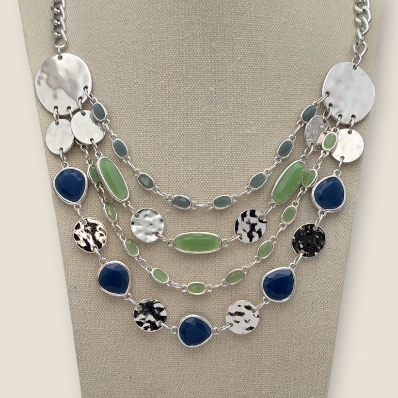 Blue Green Layered Necklace Silver Tone Disc Layered Chain Modern Chic