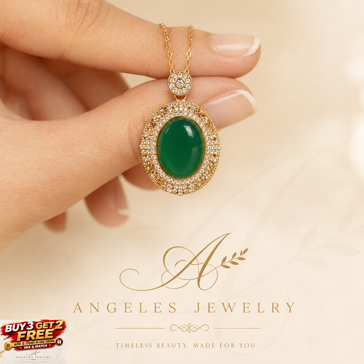 Green Jade Crystal Pendant Necklace Charm 18K Gold Plated Chain Dainty Gemstone