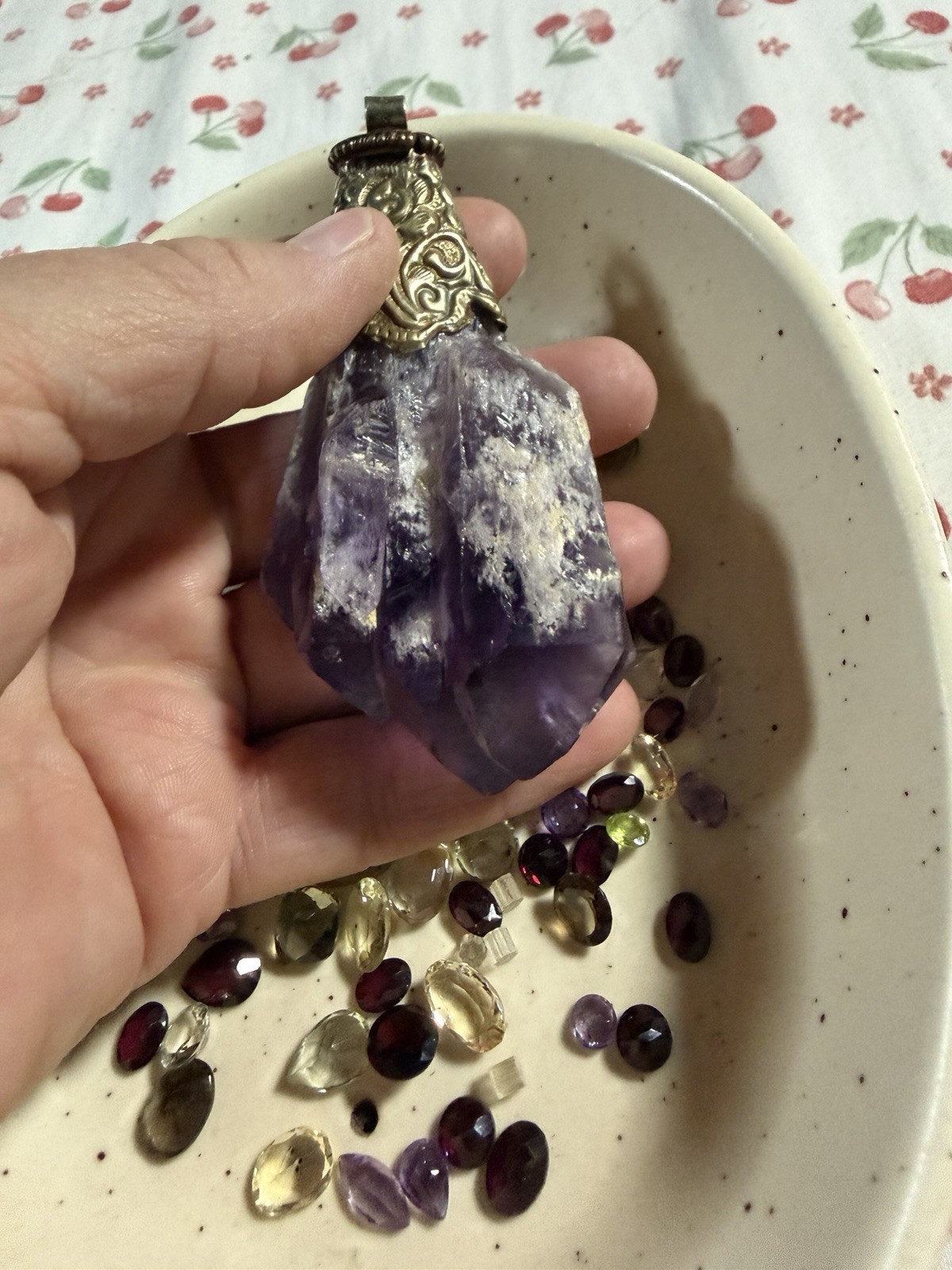 Purple Amethyst Rough Irregular Crystal Point Pendant Charm w/ Silver-Tone Cap