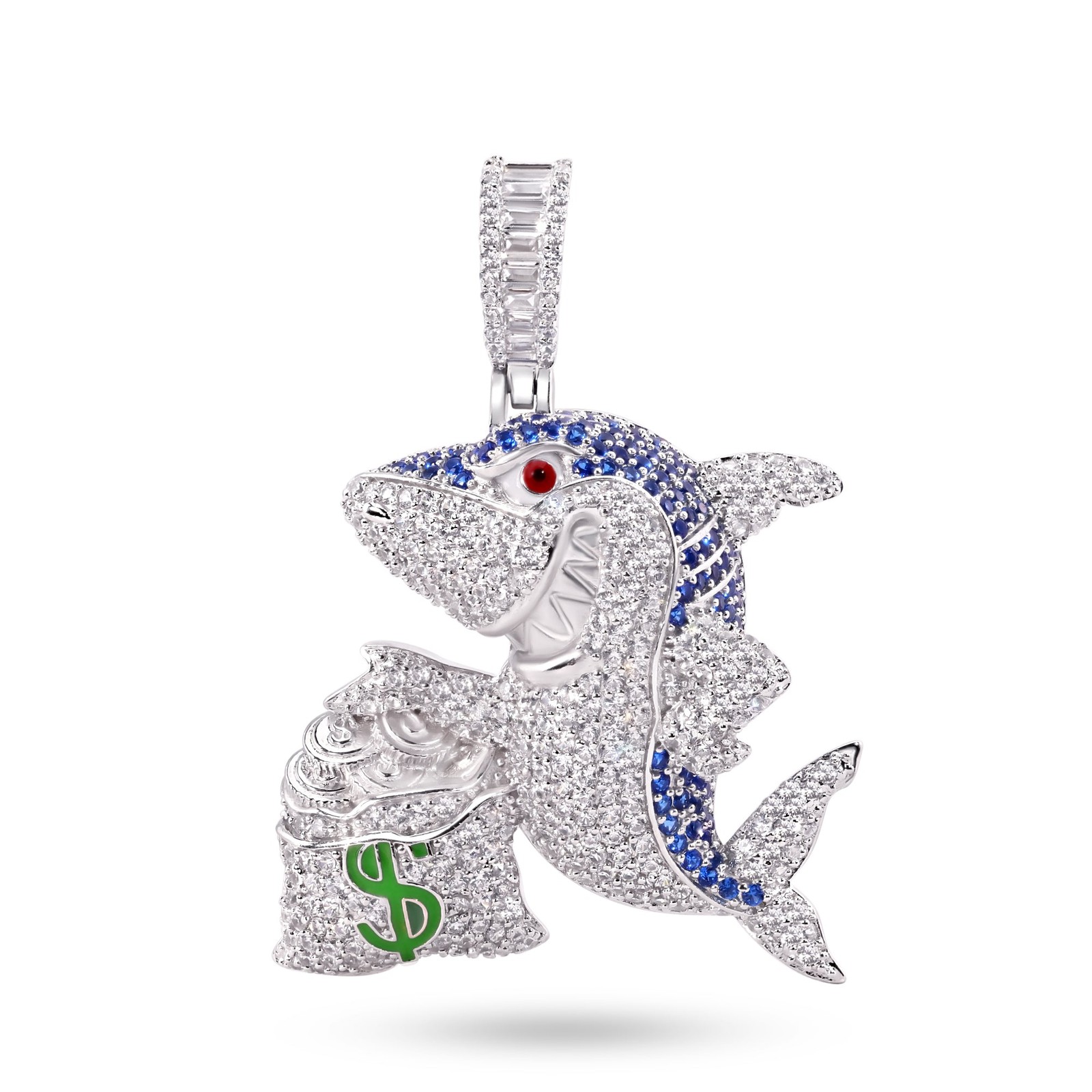 Rhodium Plated 925 Sterling Silver Money Bag Shark Greed CZ Ocean Animal Pendant