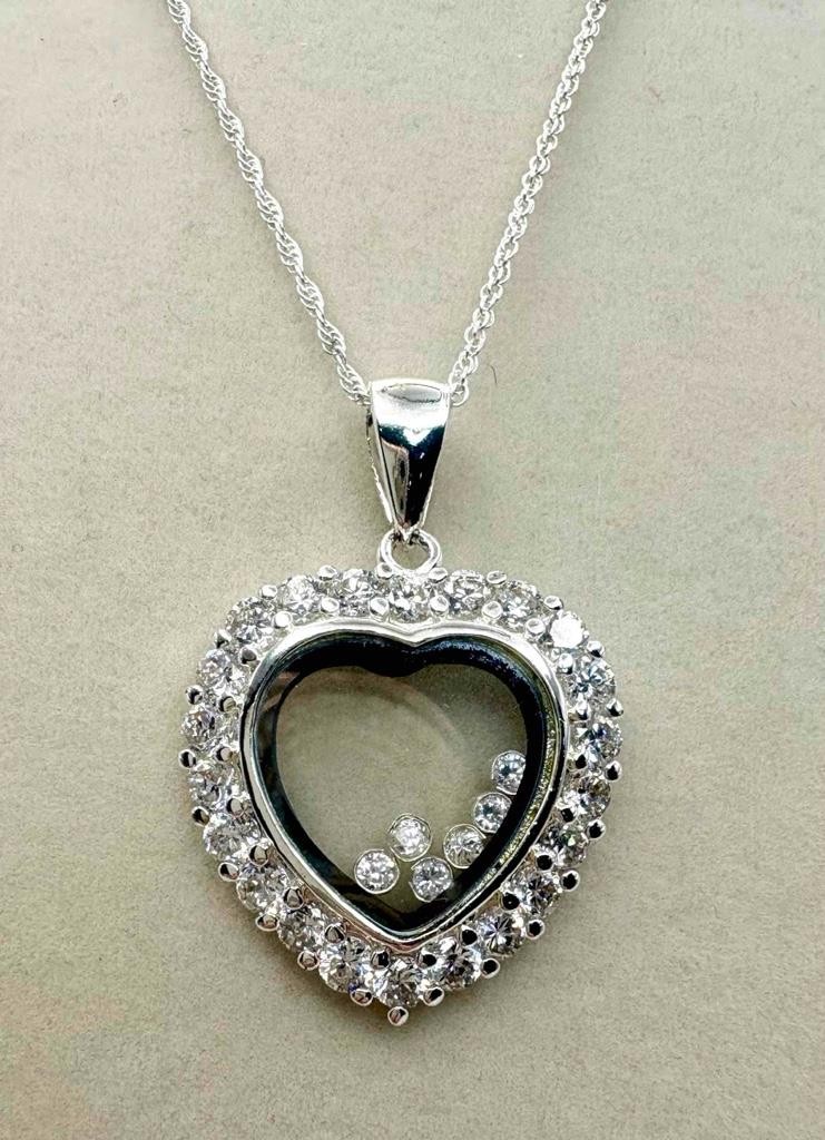 SA Silverage Designer 925 Sterling Silver CZ Floating Heart Pendant Necklace