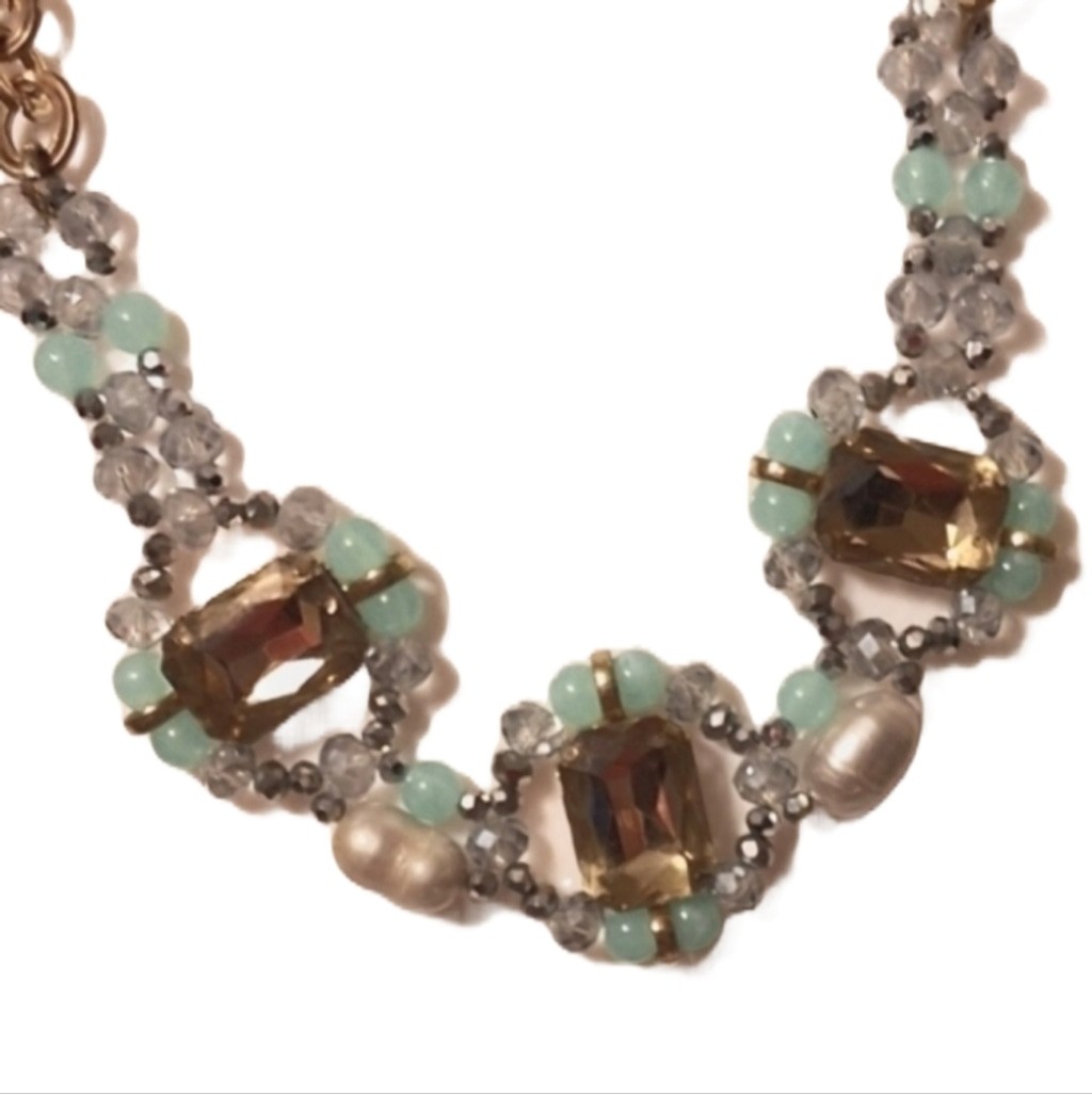 Statement necklace Genuine pearls, natural Jade and rhinestones 18″ + ext
