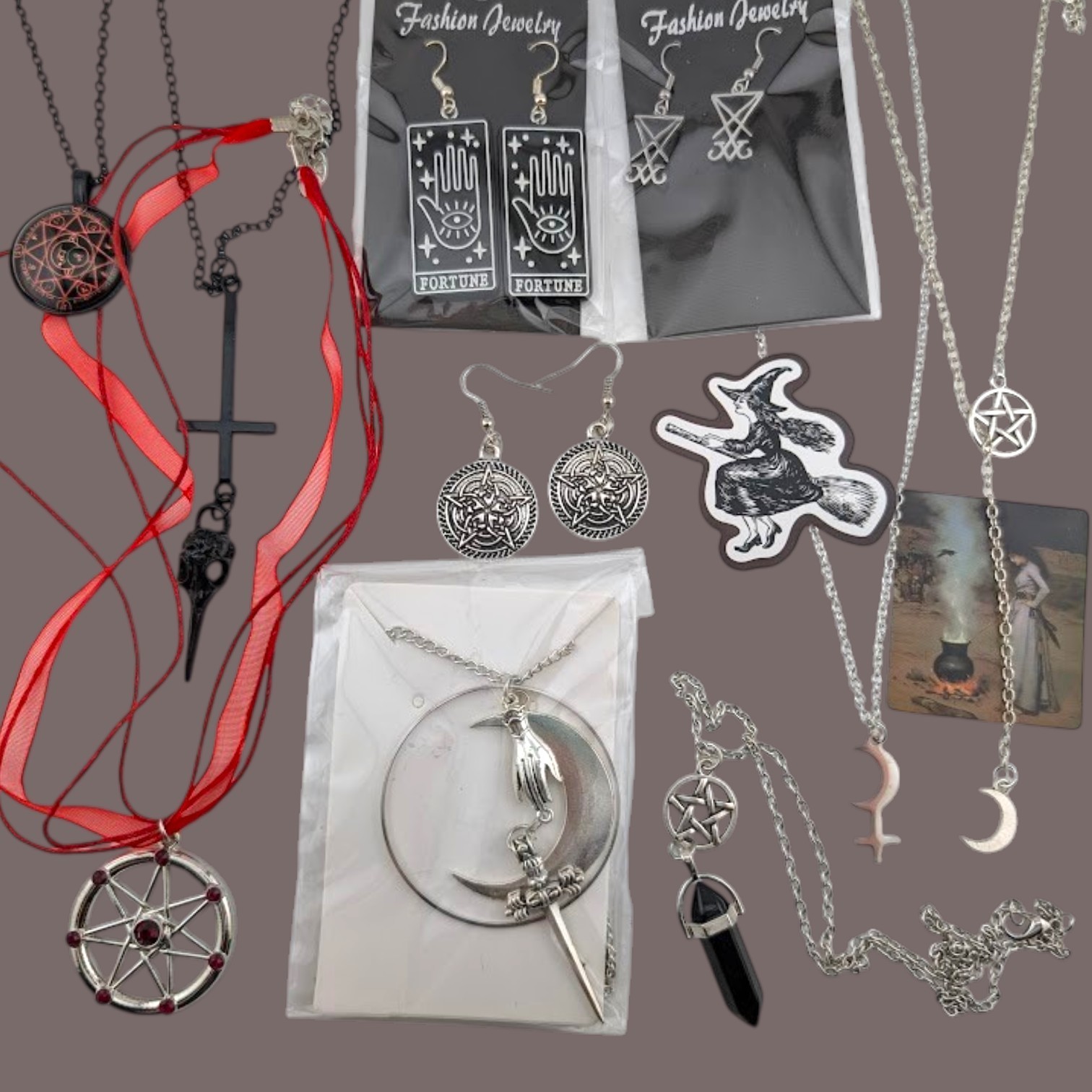 10pc GOTHIC WITCHY JEWELRY LOT occult wiccan pentagram moon necklace earrings 5G