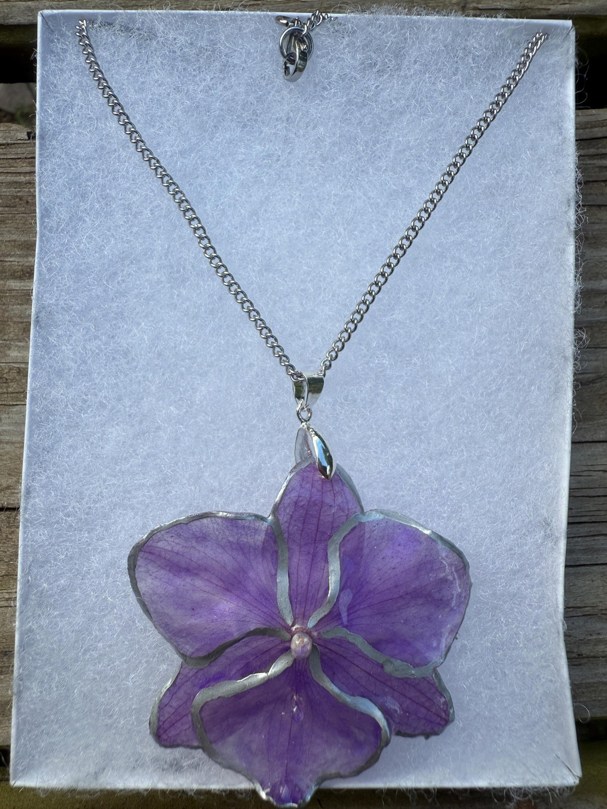 Real Violet Orchid Resin Necklace | Preserved Pendant | Silver Steel Chain