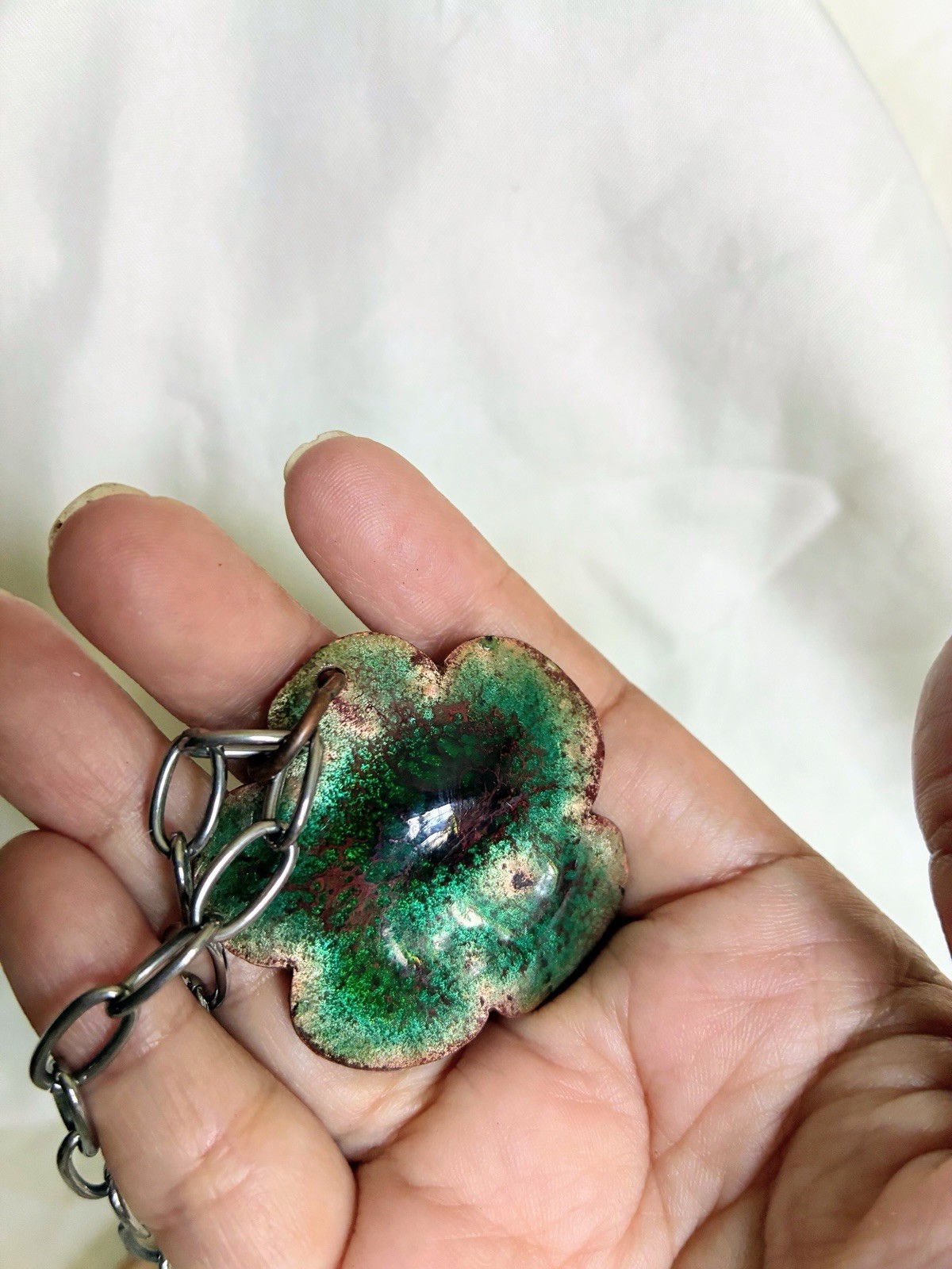 Green flower pendant necklace with white center enamel on copper pendant
