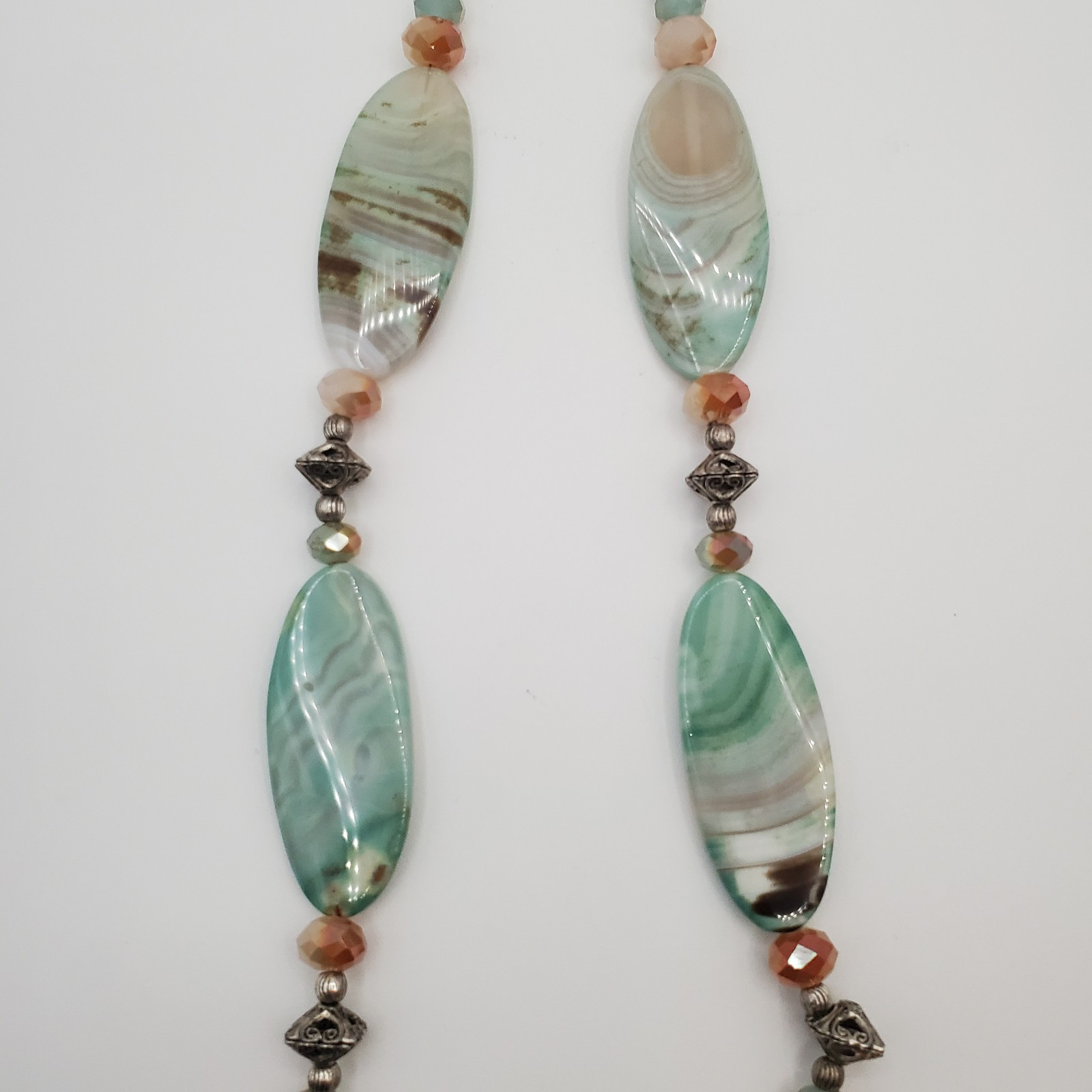 Banded Agate Stone Necklace 32in Peach Aqua Green Brown Polished Natural Beads