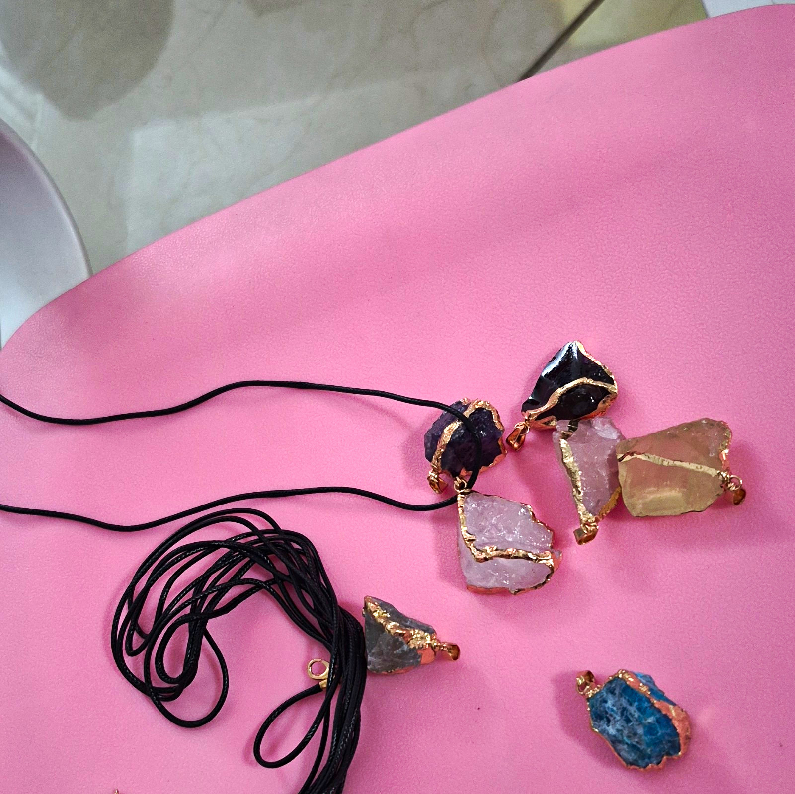 Lot Rough Clear Quartz Pendant Necklaces Black Cord Adjustable