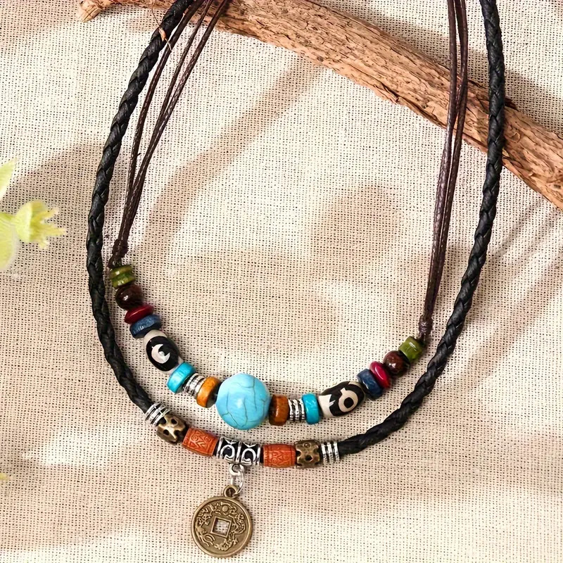 Western Layered Boho Wood Beads Copper Coin Choker Necklace