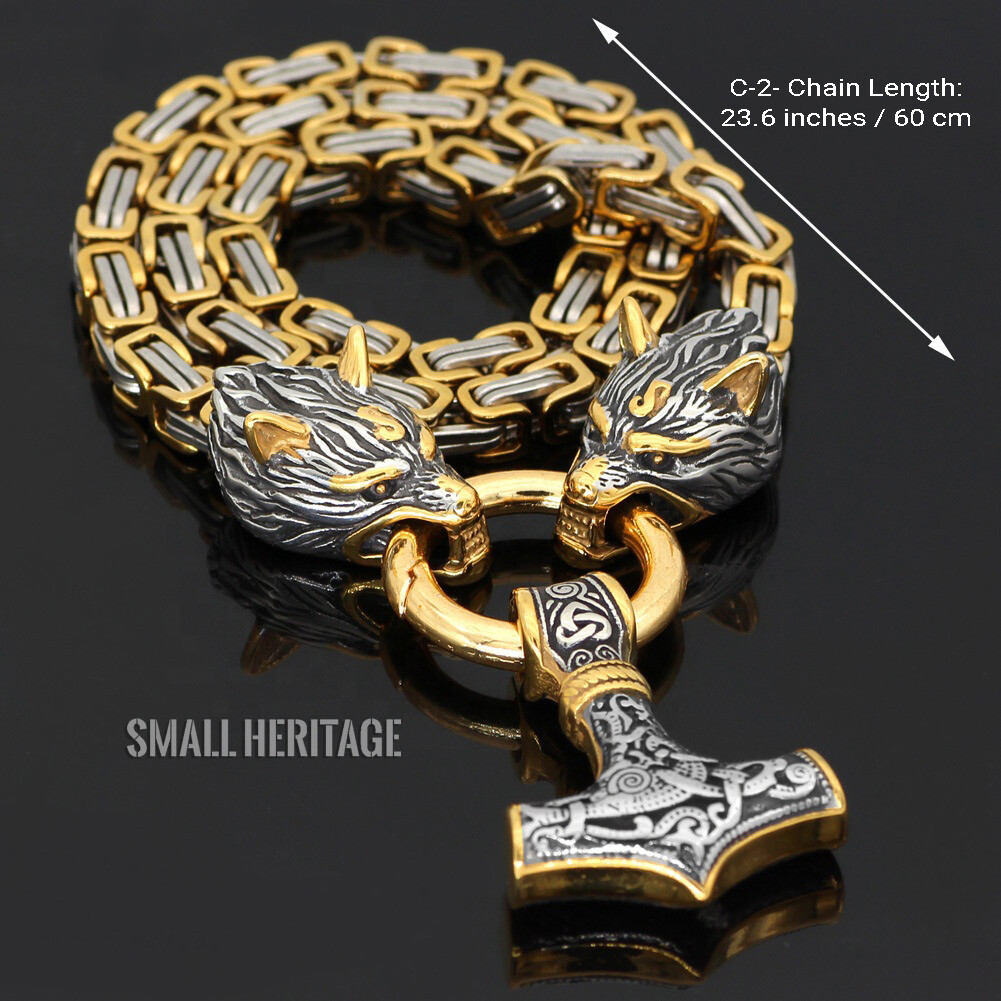 Men Viking Stainless Steel Wolf Thor Hammer Pendant Necklace Norse Mjolnir Odin