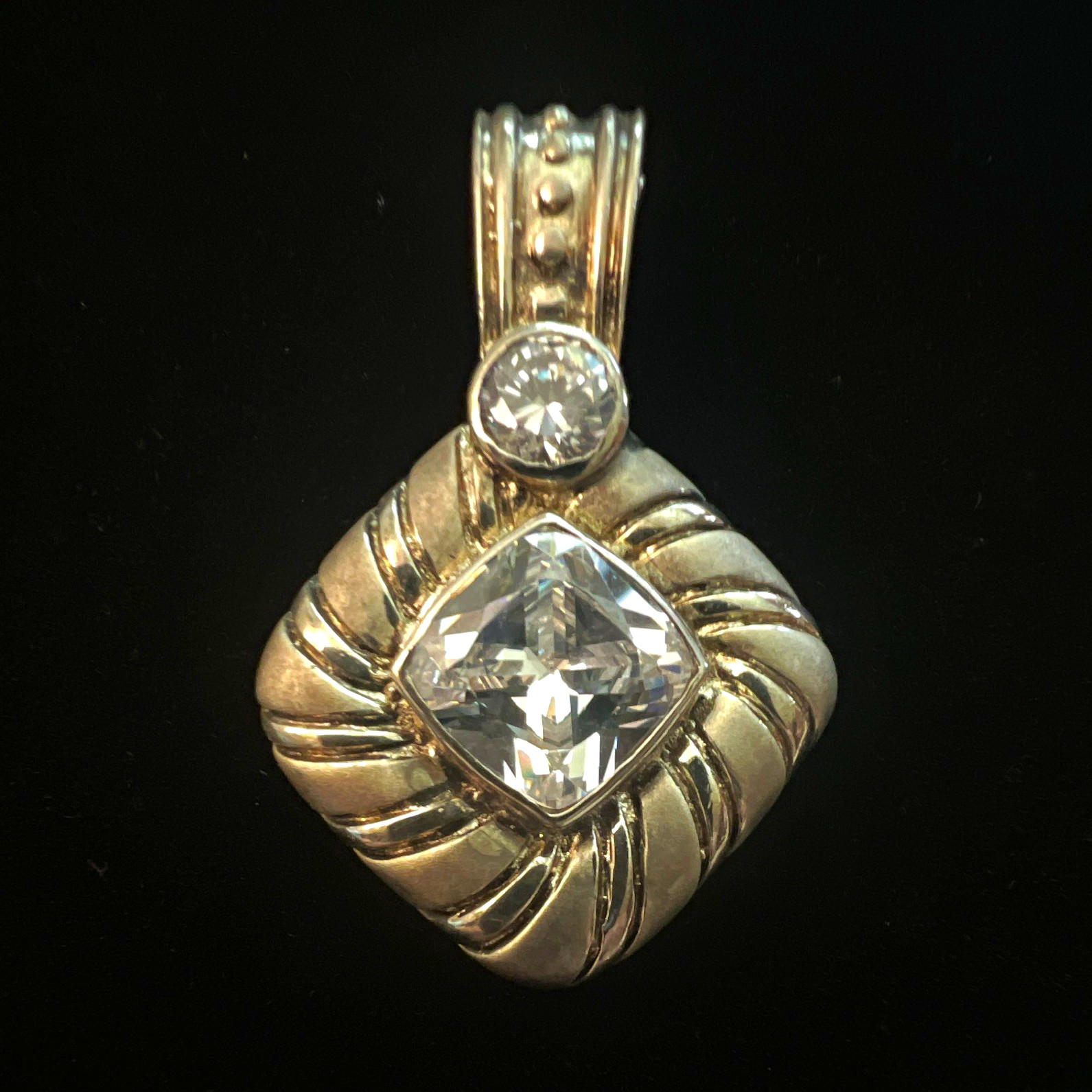 Vintage 925 Sterling Silver Cushion Cut CZ Square Pendant w/ 2 Stones