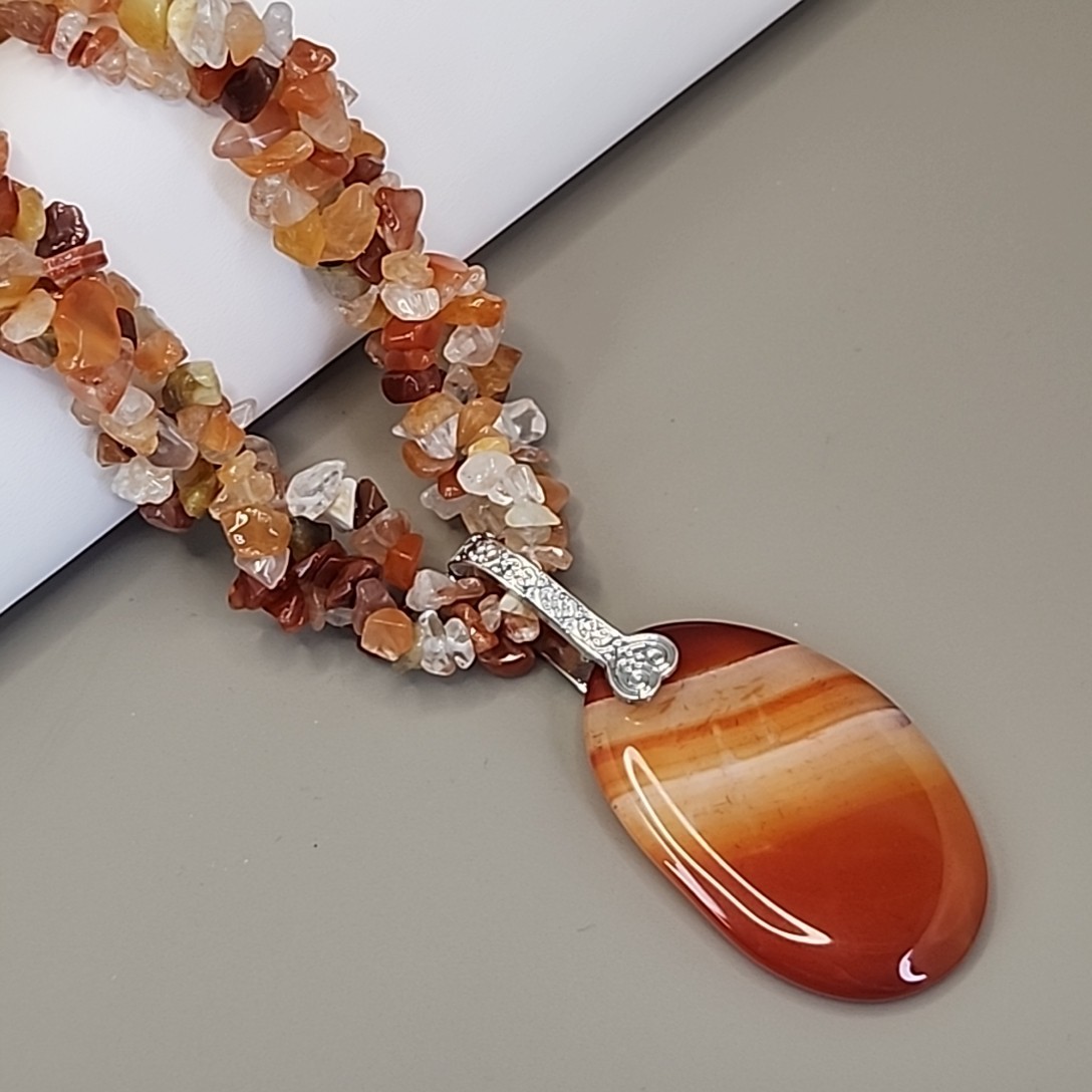 Carnelian Agate Necklace Chip Beaded Triple Layered Statement Orange JTV 22″
