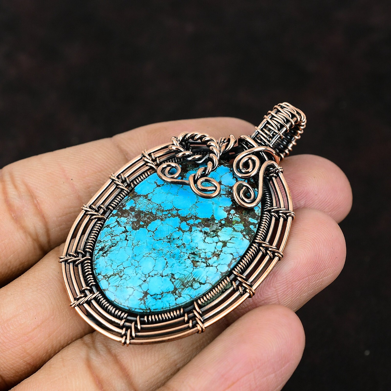 Tibetan Turquoise Gemstone Jewelry Copper Love Gift Wire Wrapped Pendant 2.44″