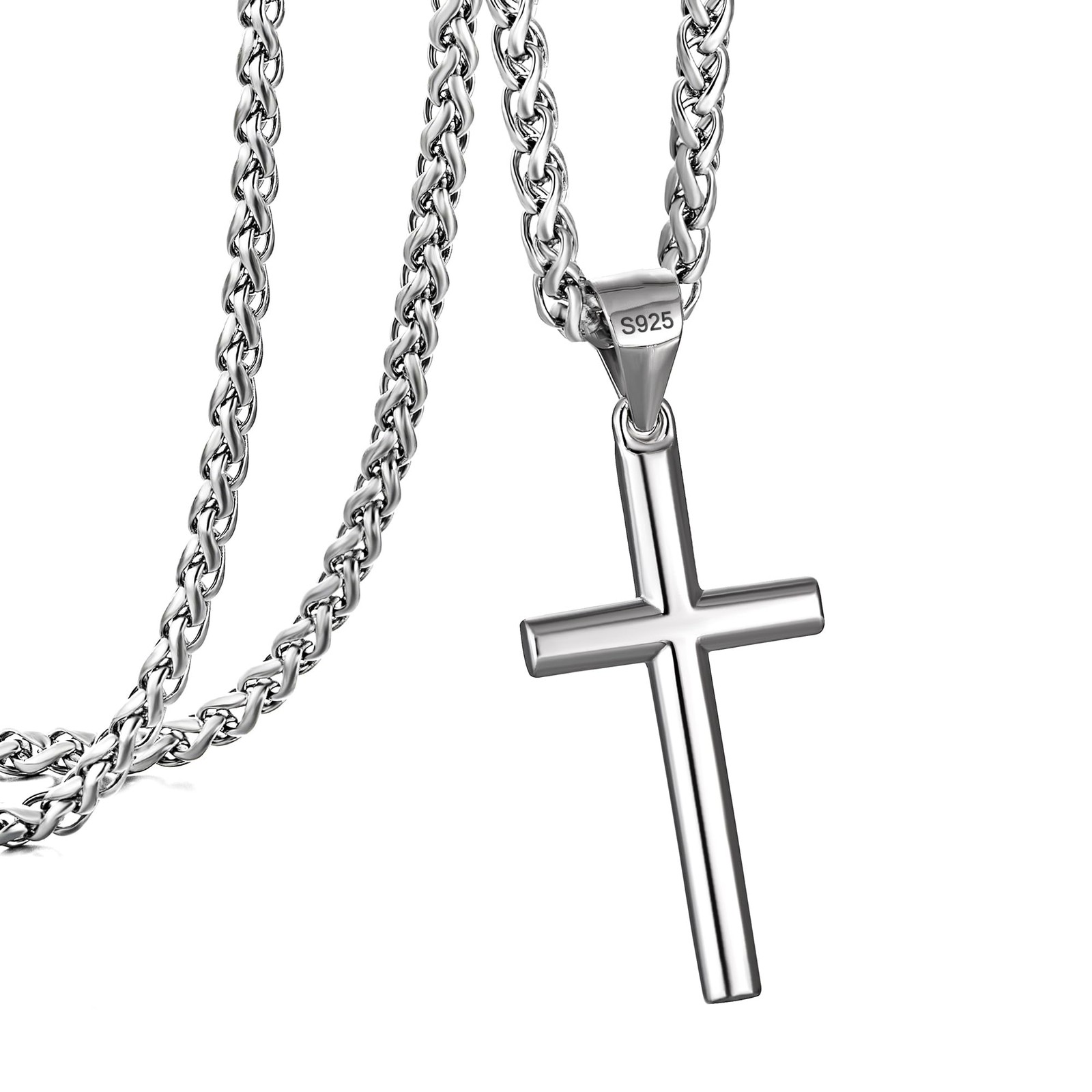Silver Cross Necklace for Men, 925 Sterling Silver Mens Cross Pendant with Wh…