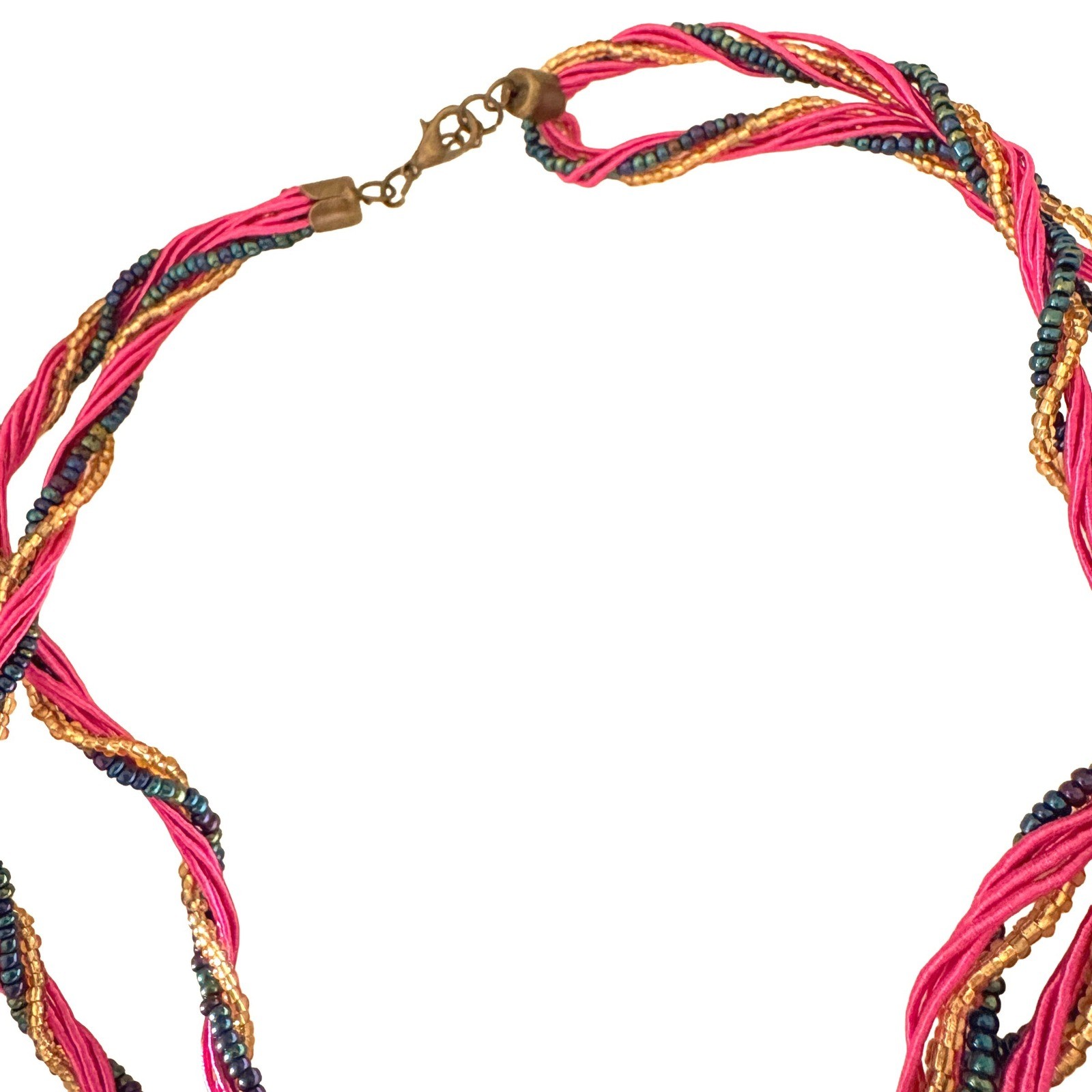 Pink Statement Pendant Necklace Braided Multi Strand Seed Bead Rhinestone Gold