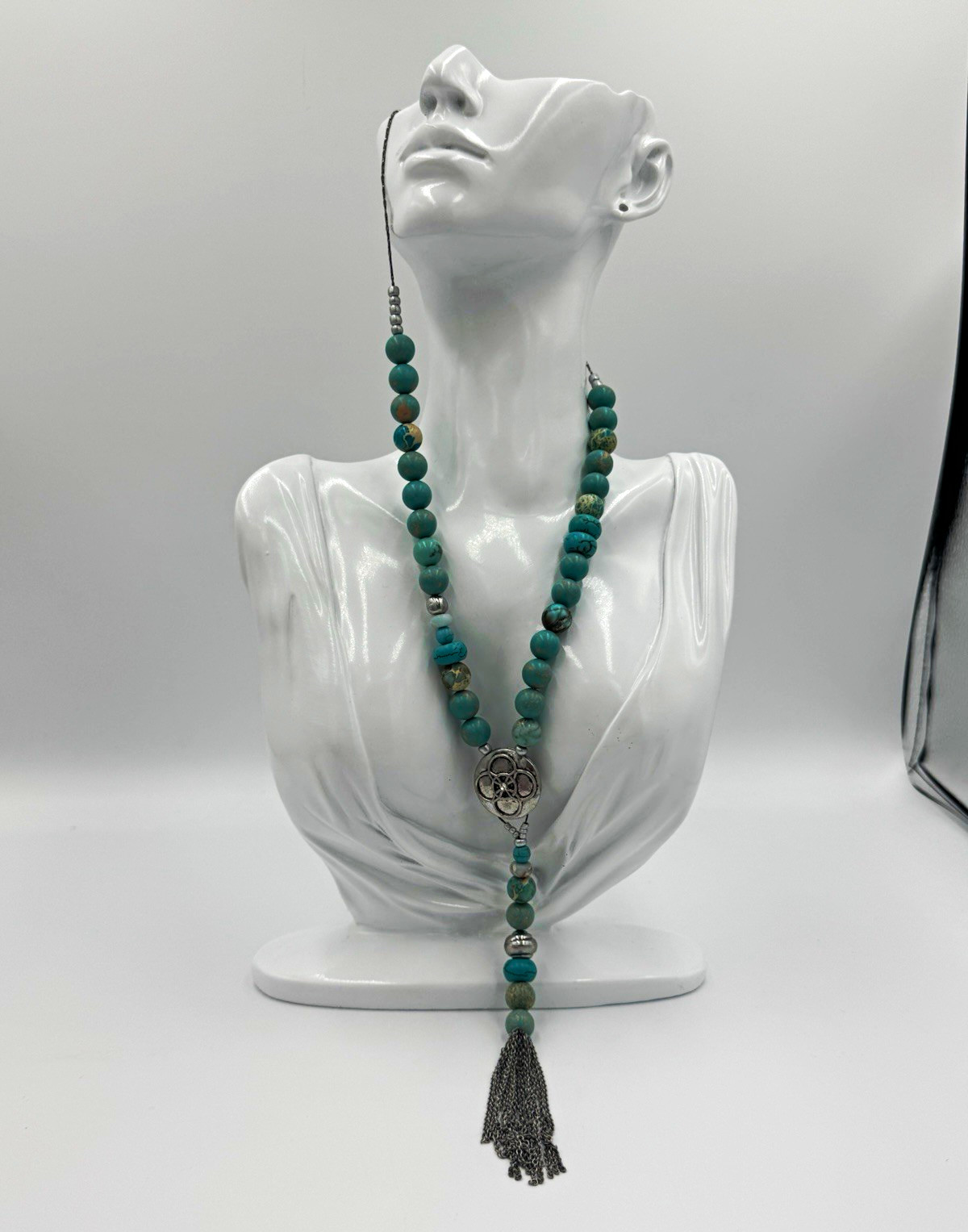 Turquoise Round Beaded Necklace Silver Tone Filigree Round Pendant Tassel