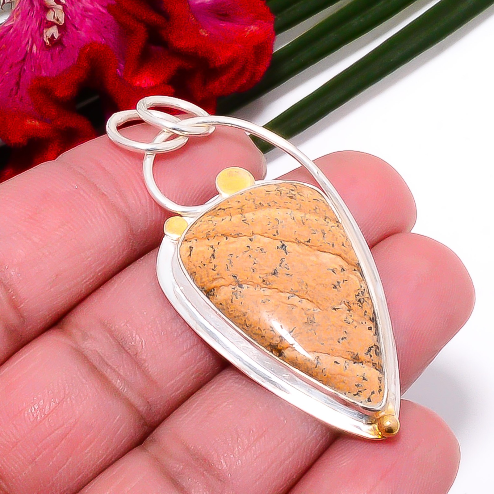 Picture Jasper 925 Sterling Silver Two Tone Pendant 2.03″ Sk7, Christmas Gift