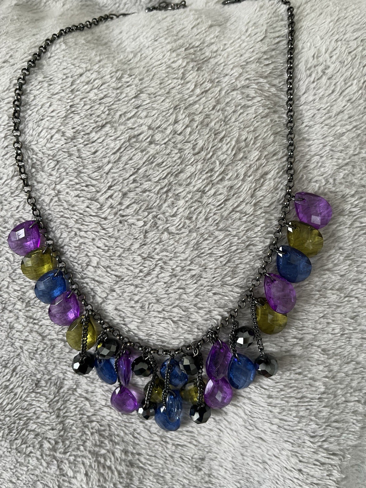 Black Chain Rhinestone Acrylic Beads 20 Inch Necklace Green, Purple, Blue,