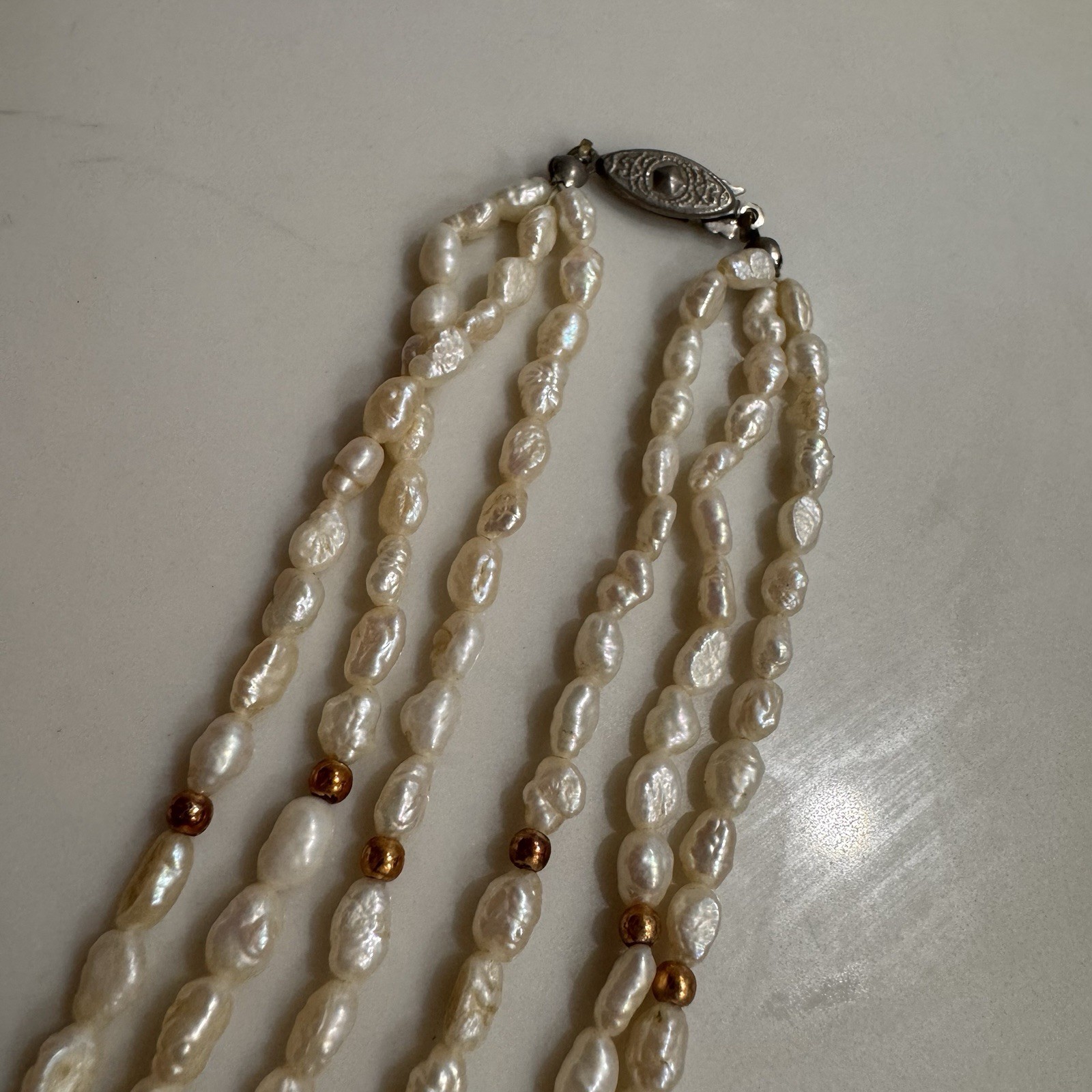 multi-strand baroque pearl beaded necklace black beads gold tone accents hook
