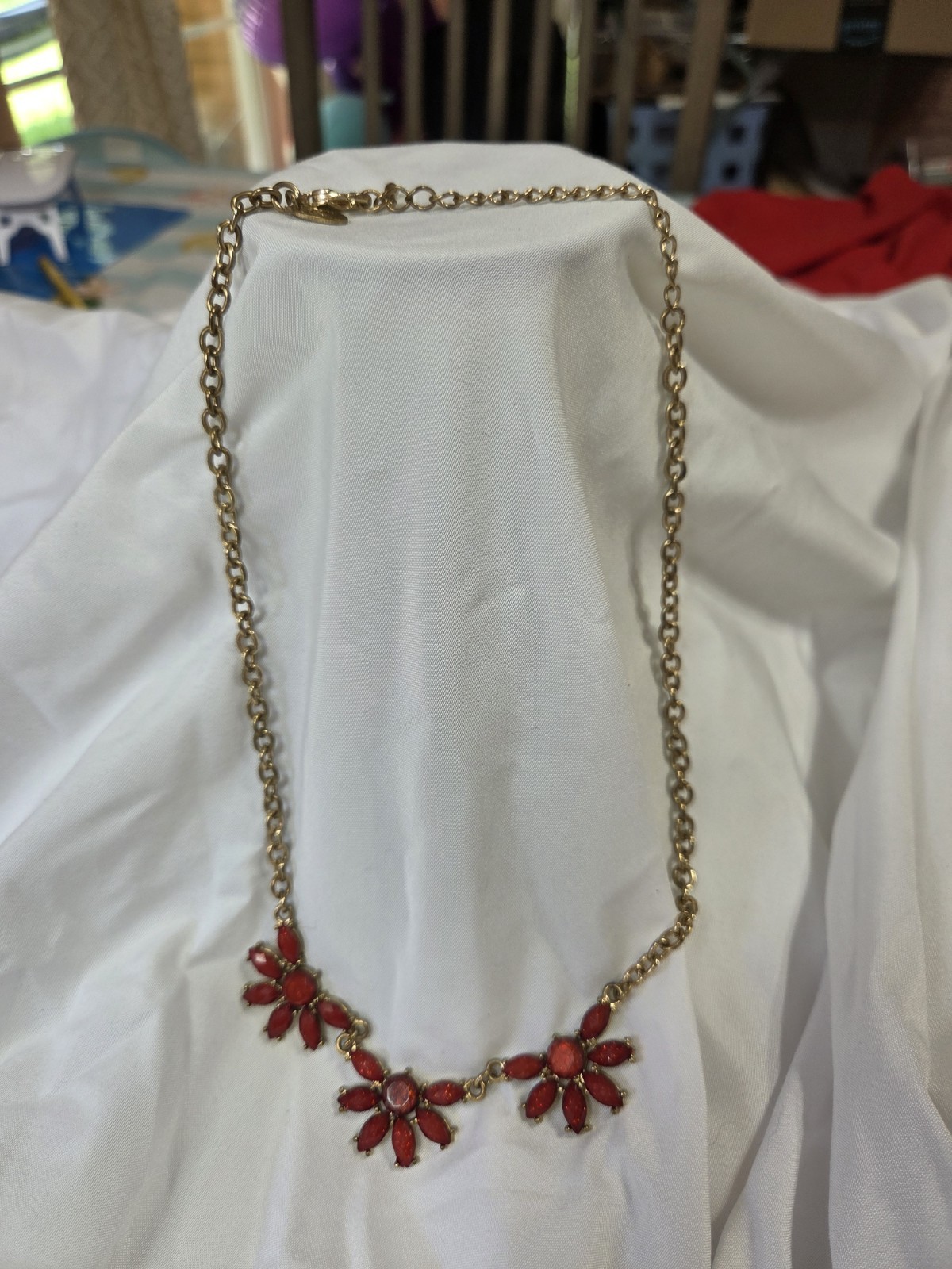 Gold Tone Cable Chain Necklace Red Crystal Flower Station Statement Lobster