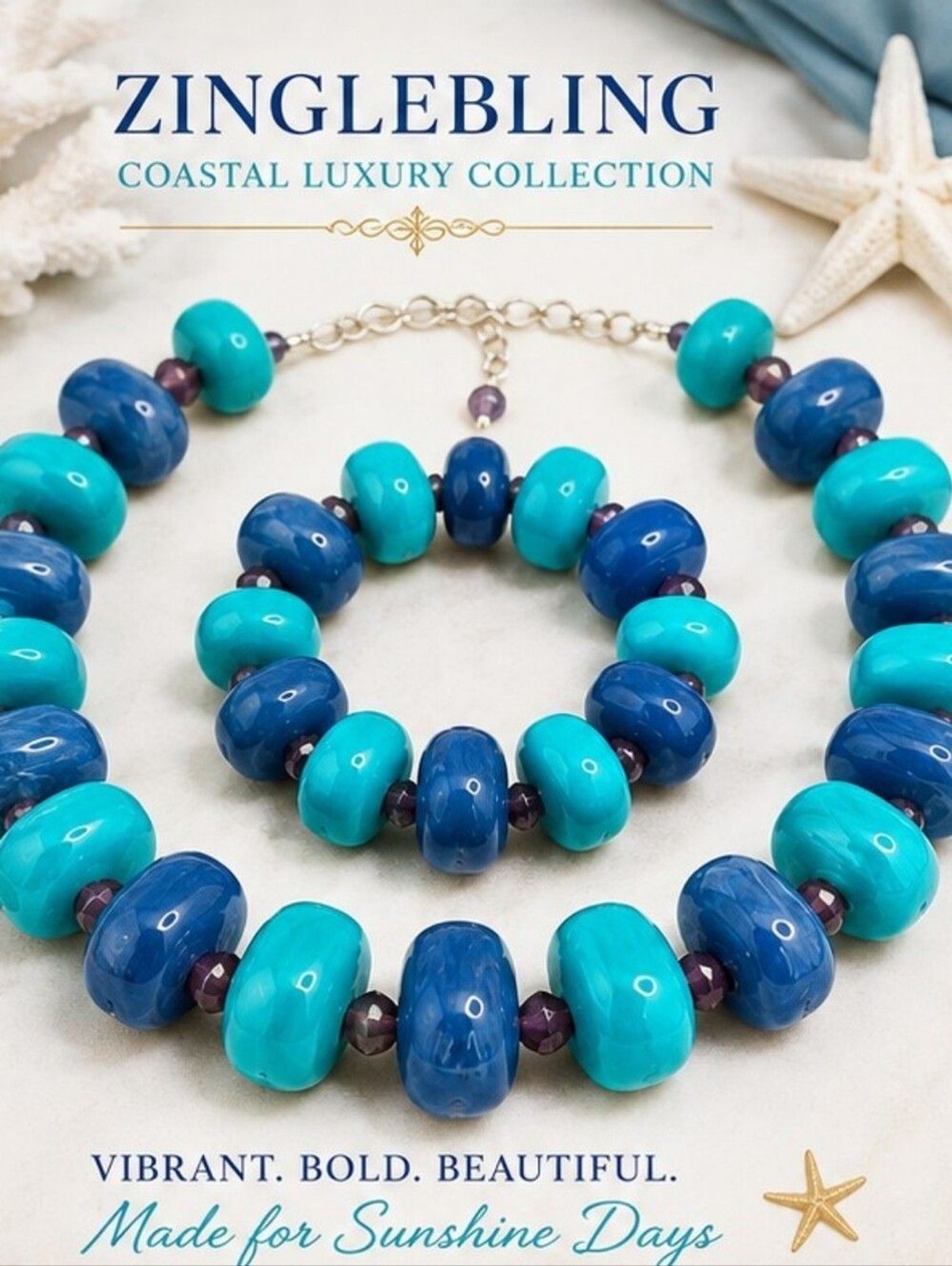HSN NOS Turquoise Blue Chunky Acrylic Necklace Bracelet Set Coastal Statement