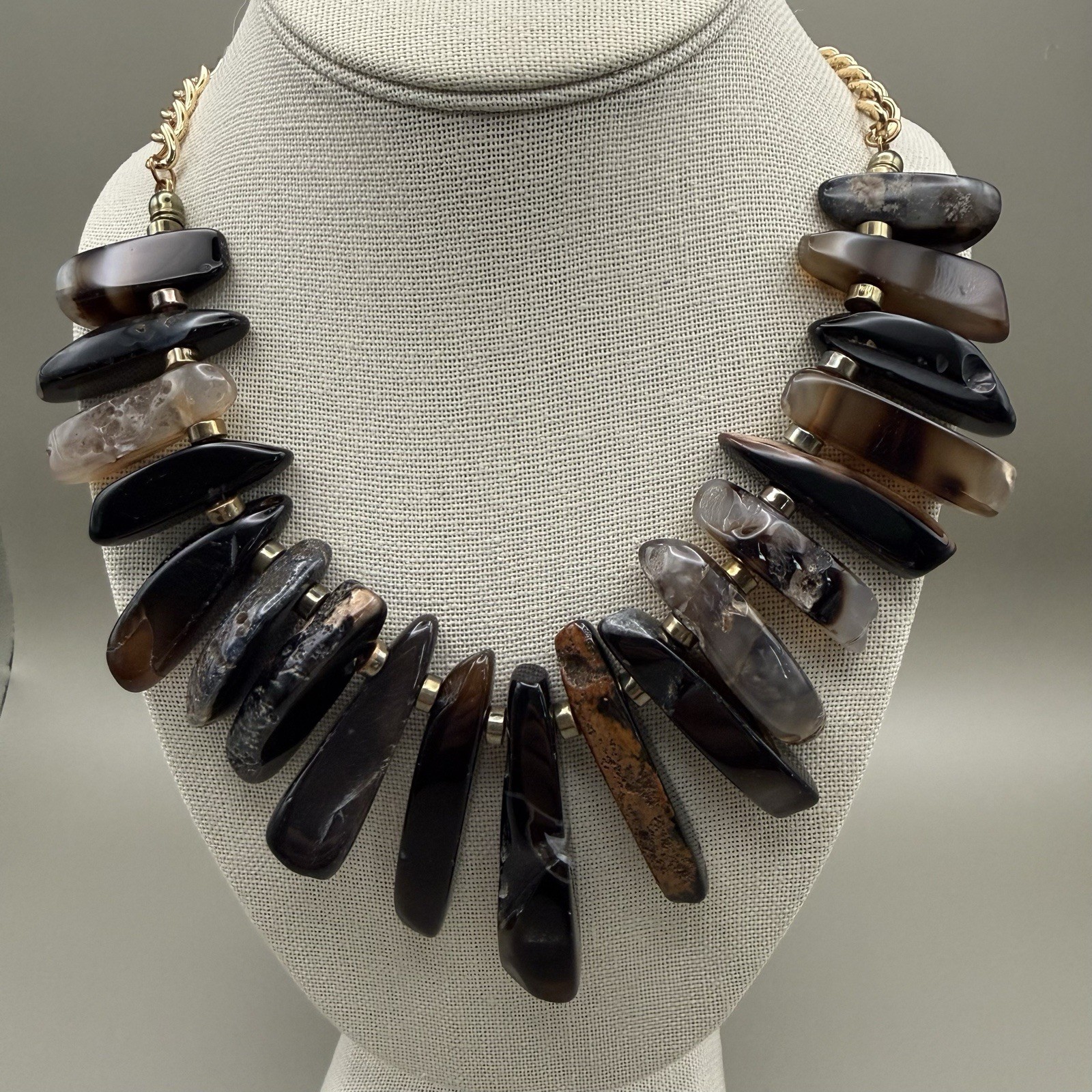 Stone Slice Collar Statement Bib Necklace Brown Black Grey 22″ Artisanal Earthy