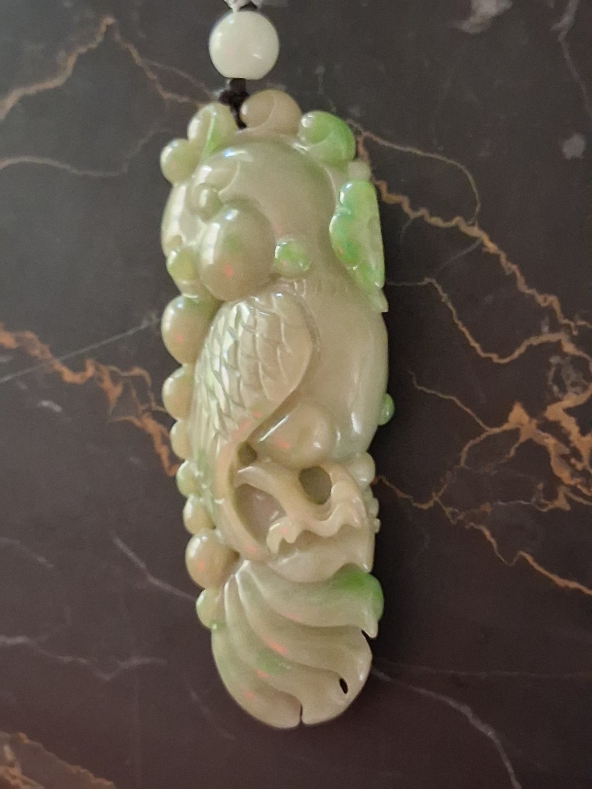 Certified Green Jade Carved Animal Charm Pendant Necklace on Cord Asymmetrical