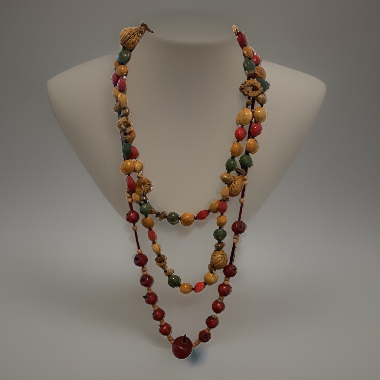 2 Long Stackable Vintage Necklaces Unique Colorful Nuts Apples Nature Earth