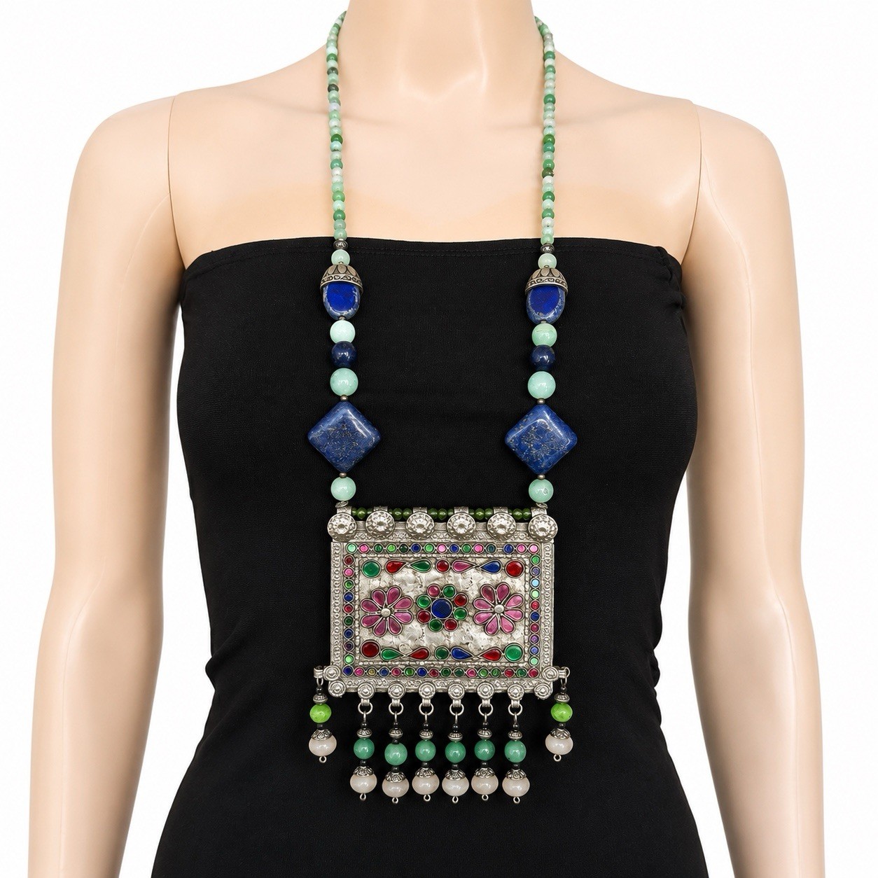 Multicolor Beaded Statement Necklace Silver Rectangle Floral Charm Dangle