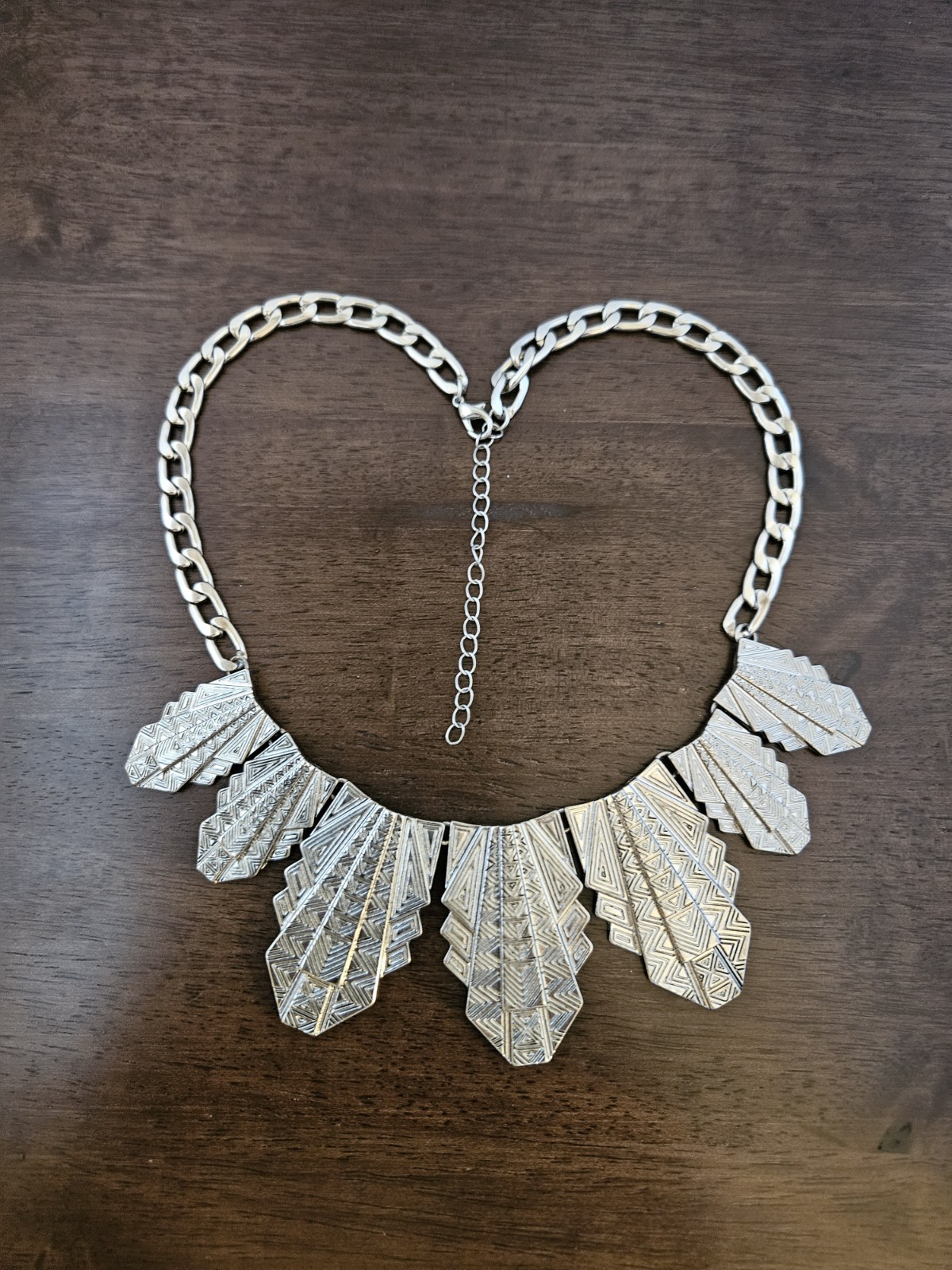 Silver Tone Art Deco Geometric Statement Bib Necklace Curb Chain Adj 18-21 Inch