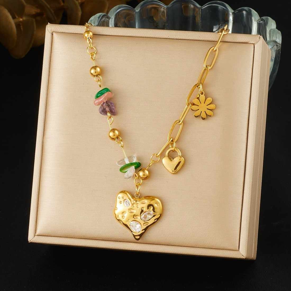 316L Stainless Steel Heart Flower Zircon Crystal Necklace for Women