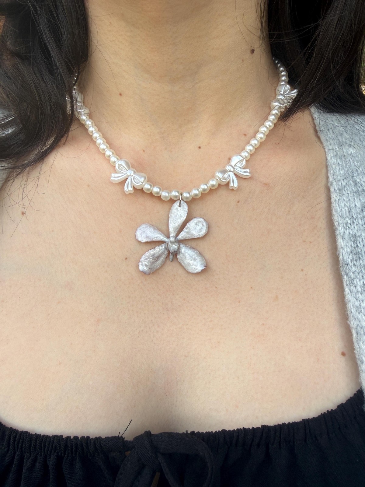 Coquette Pearl Bow Necklace | Real Orchid Resin Pendant | Cream Gray Silver
