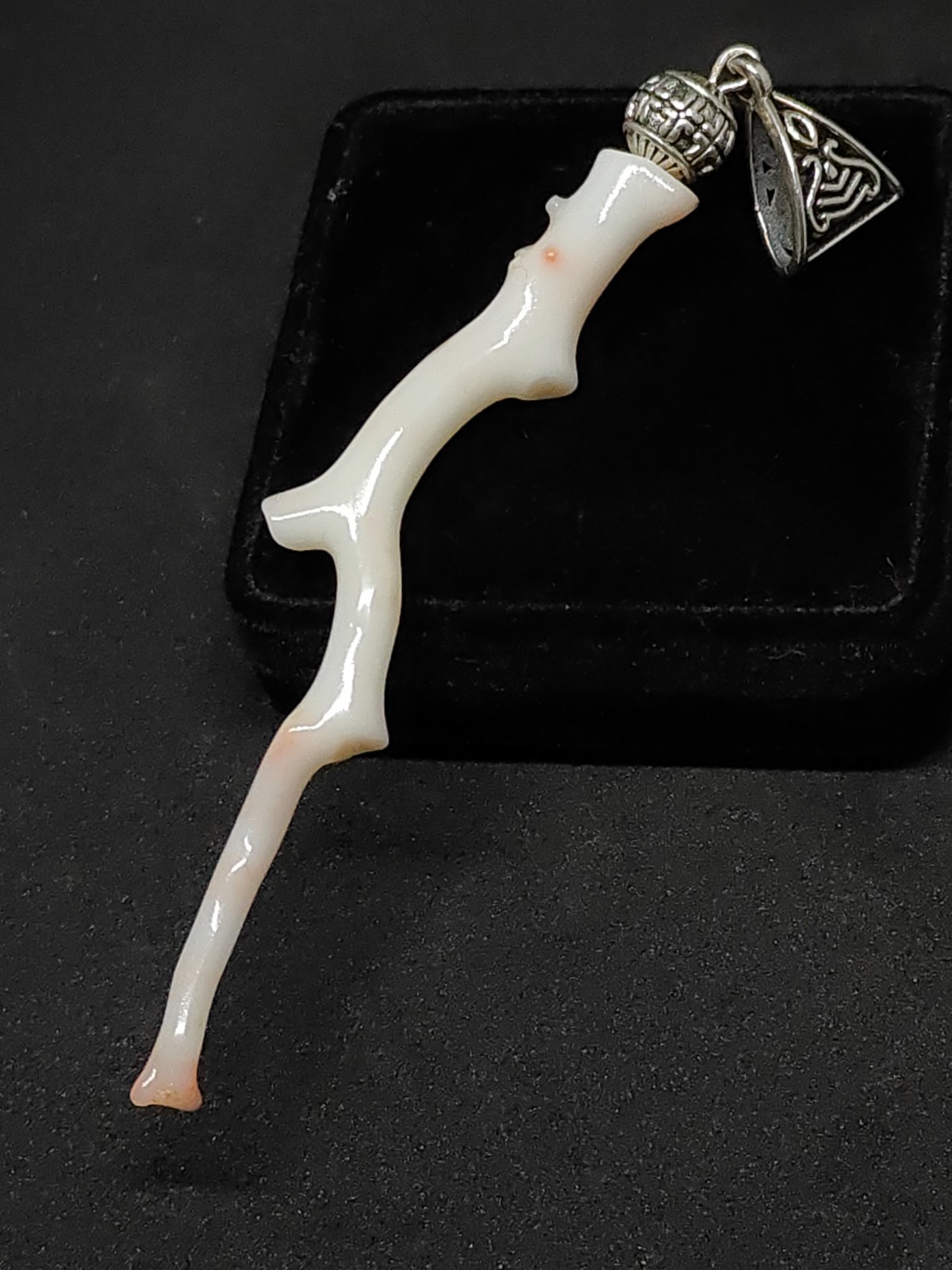 Large White Pink Stick Coral Branch Pendant: Silver Brass & Natural Branch