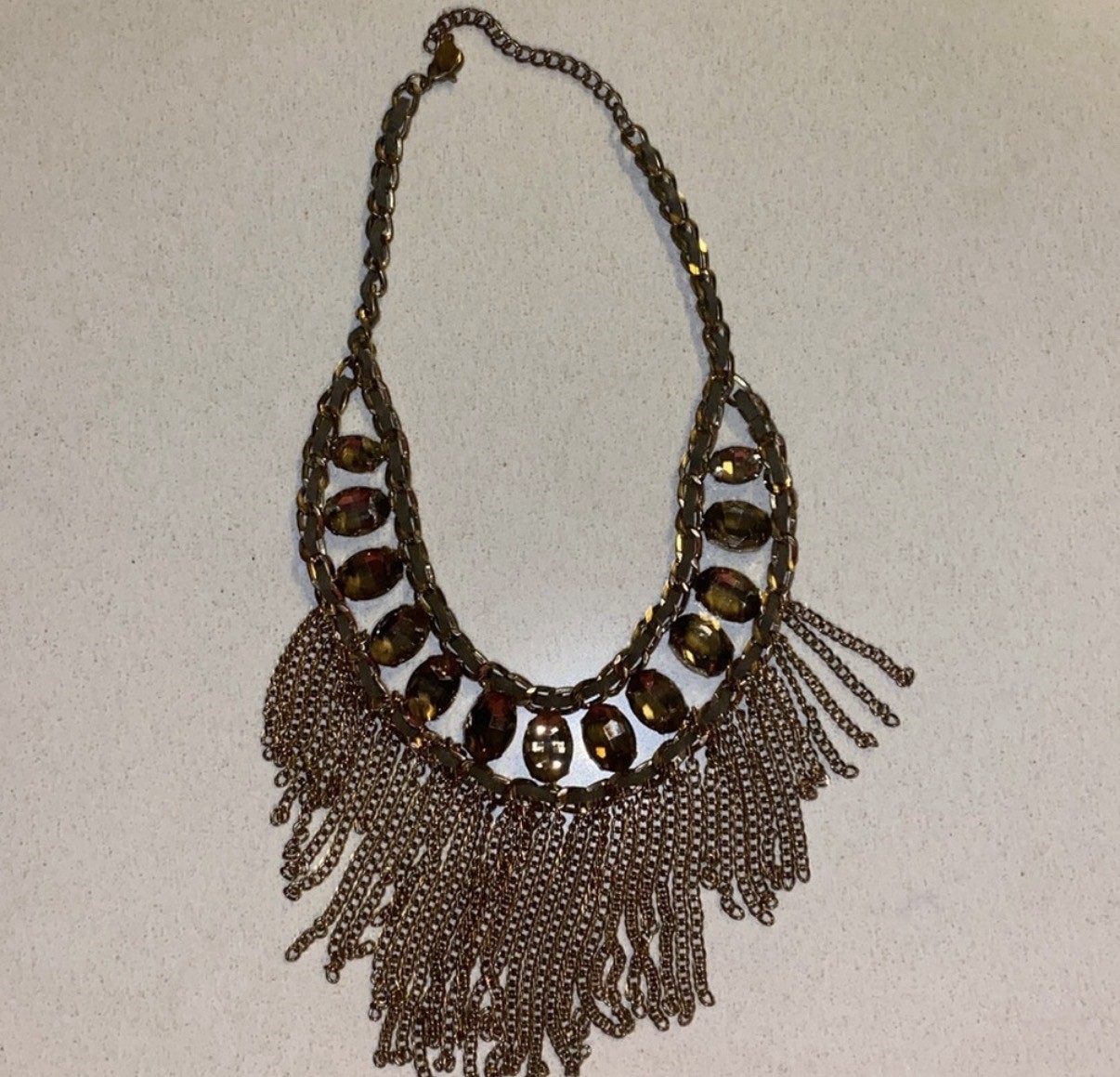Gold Tone Chain Bib Statement Necklace Brown Crystal Fringe Adjustable