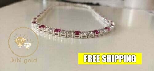 Deli1cate 14K White Gold Plated 12.0CT Round Simulated Ruby Tennis Necklace 16”