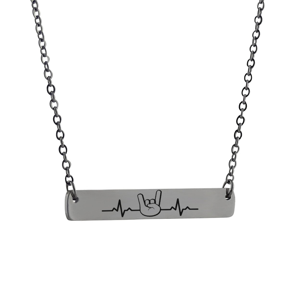 Rock n Roll Horns w/ Heartbeat Bar Necklace Stainless Steel Heavy Metal Music