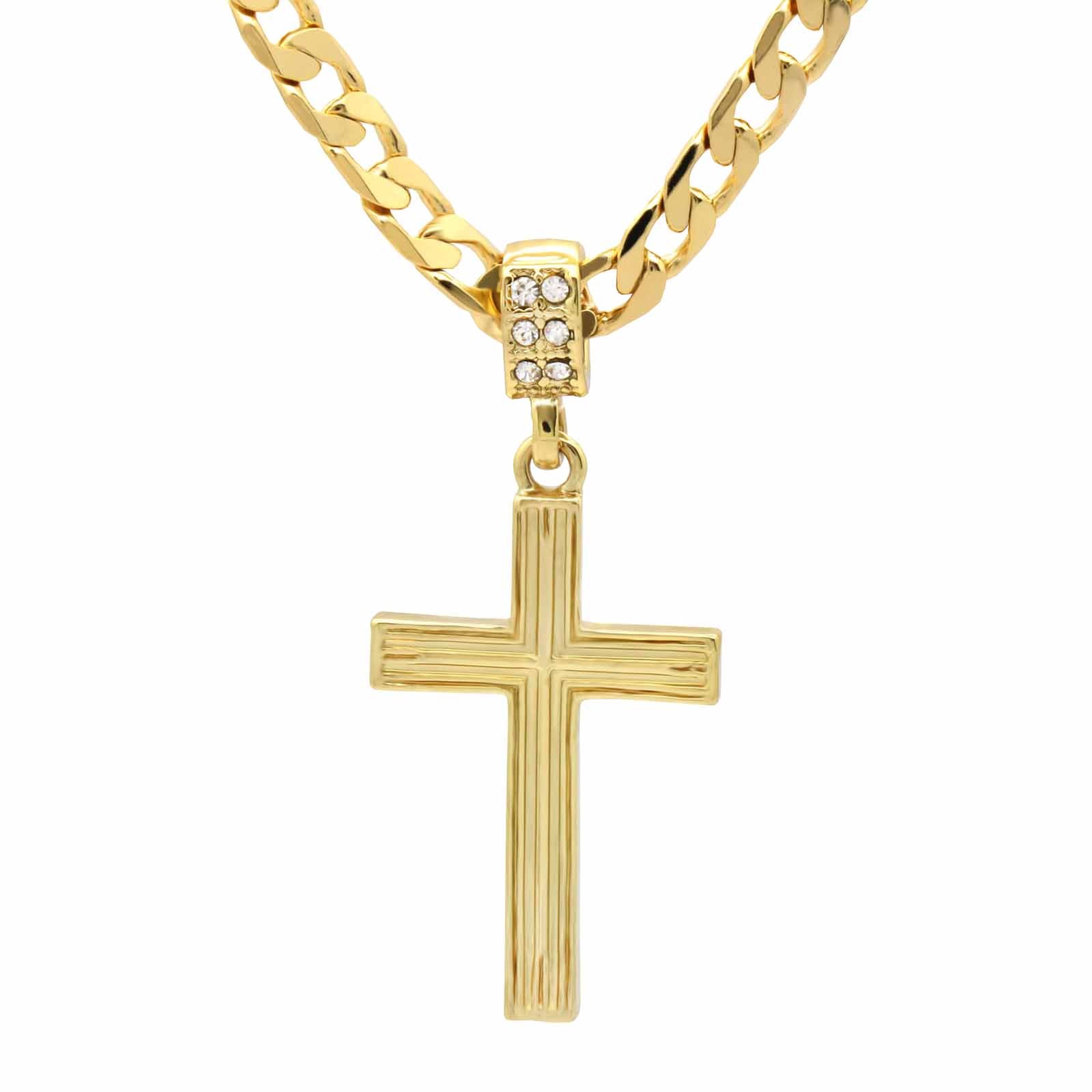 Men’s 14k Gold Plated Flat Miami Cuban chain Necklaces on Two Cross Pendant 12