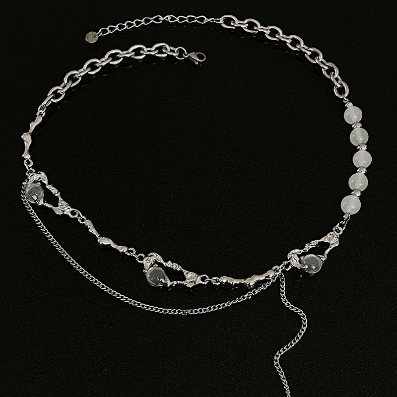 Silver Plated Irregular pin Moonstone Star Long Tassel Splicing Choker Necklace
