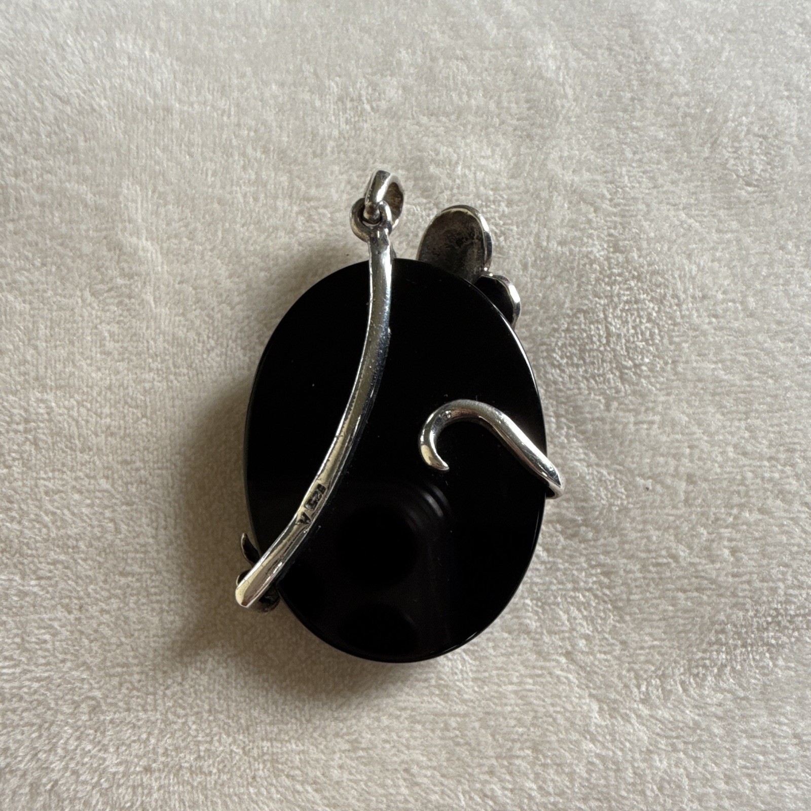 Large 2” Black Onyx Pendant 925 Sterling Silver Marcasite Butterfly Floral State