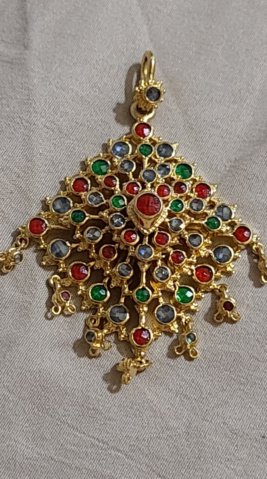 Gold Plated Sukhothai Pendant Set in Diamond Cut Color Stones Thai Traditional