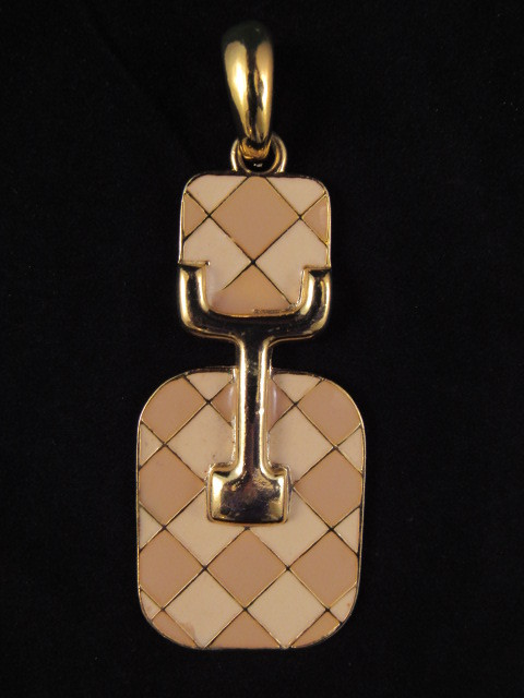 LADIES NECKLACE PENDANT GOLD TONE & BEIGE 3.75″ Large MODERN GEOMETRIC CHECKERED