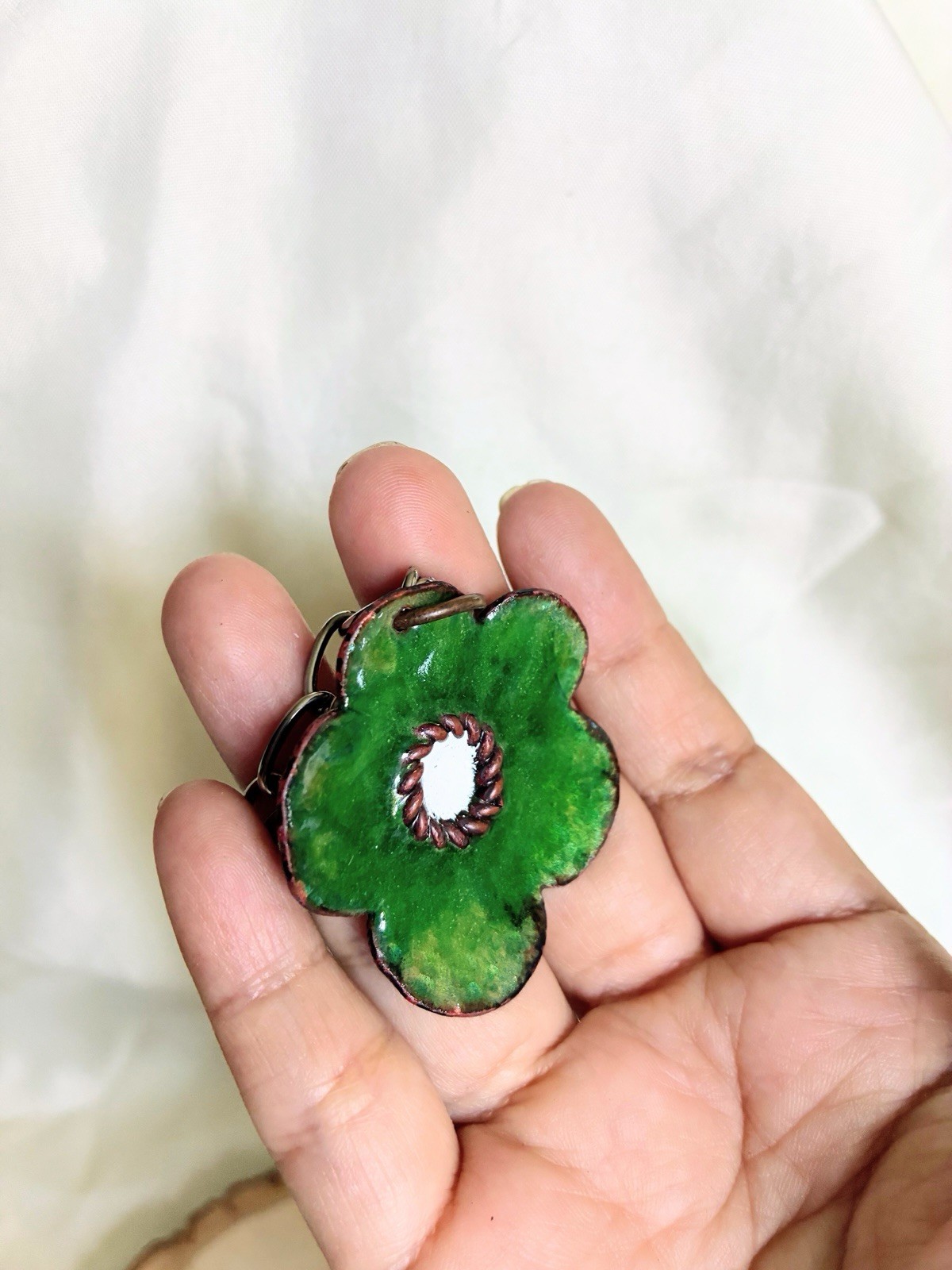 Green flower pendant necklace with white center enamel on copper pendant
