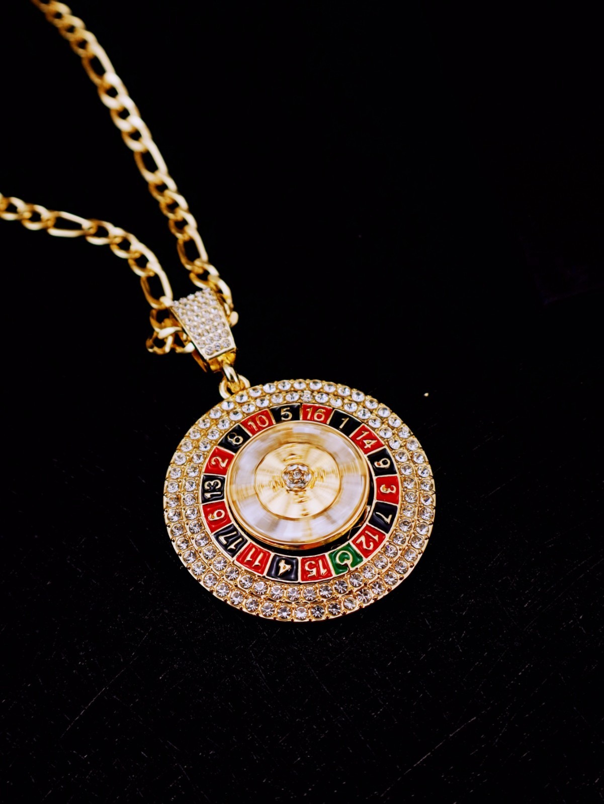Hip Hop Iced CZ Bling Spinning Roulette Pendant Necklace Chain Mens Jewelry