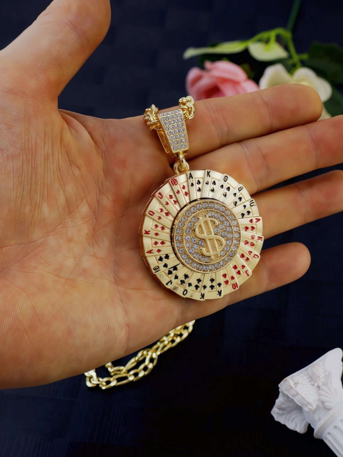 Gold Roulette Spinning Center /Casino Poker Cards Pendant Necklace Cuban Chain