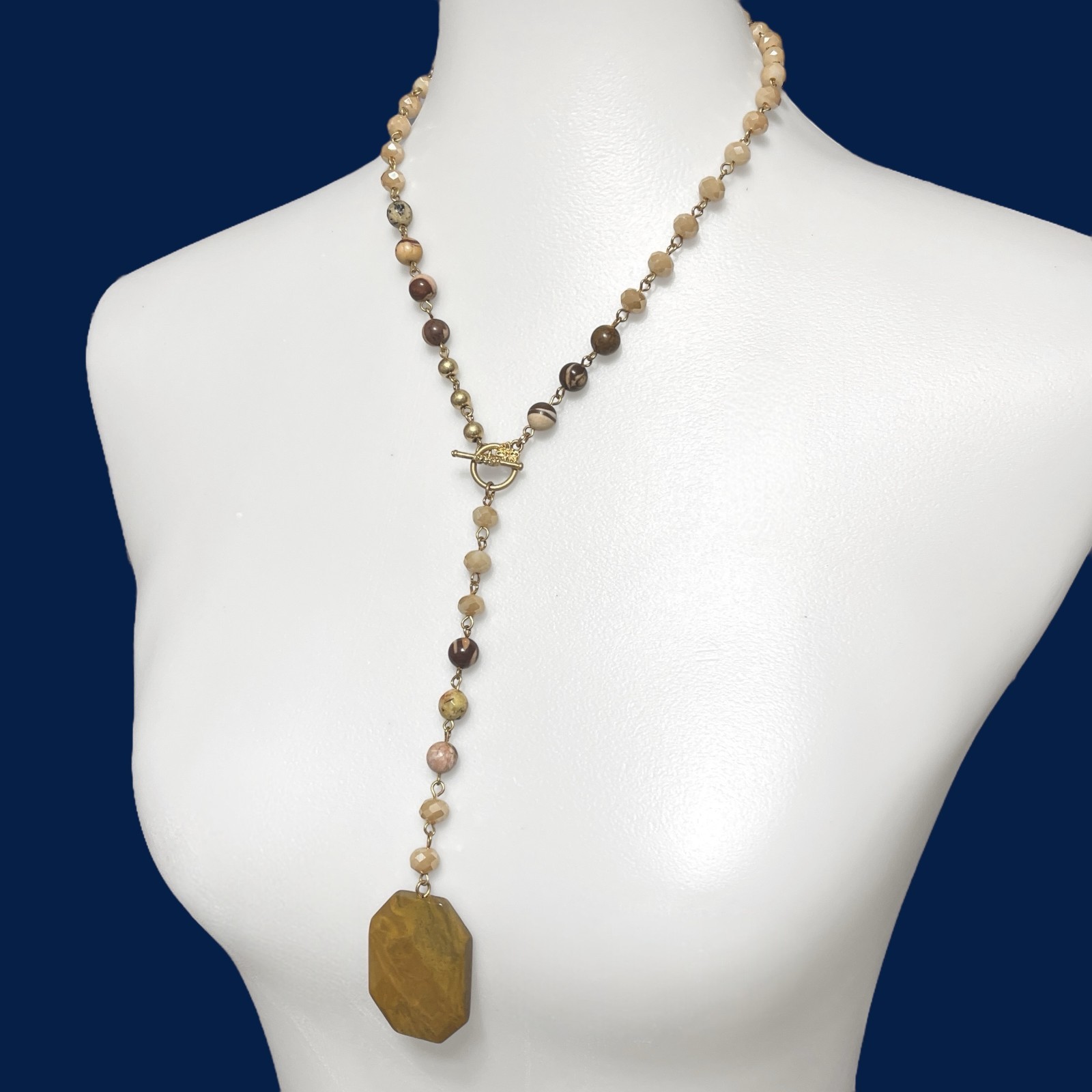 Versona Chunky Stone Pendant Necklace Y Drop Lariat Faceted Glass Earth Tone
