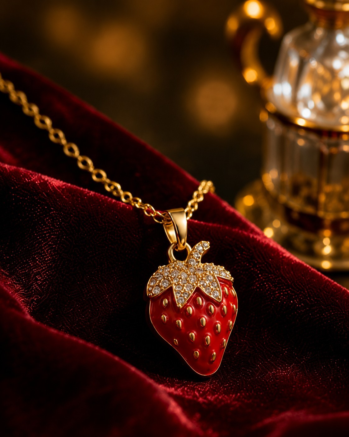 Gold Tone Strawberry Pendant Necklace Red Enamel Crystal Fruit Charm 18″