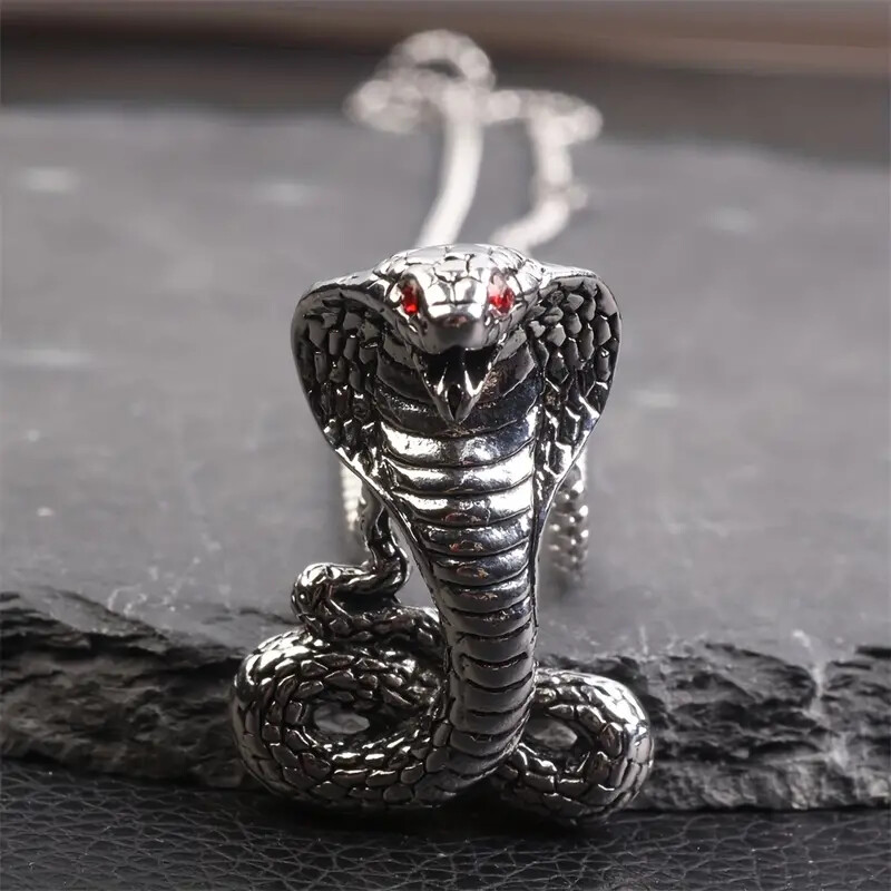 Silver Snake Cobra Pendant Necklace Mens Boys Animal Stainless Steel Jewelry